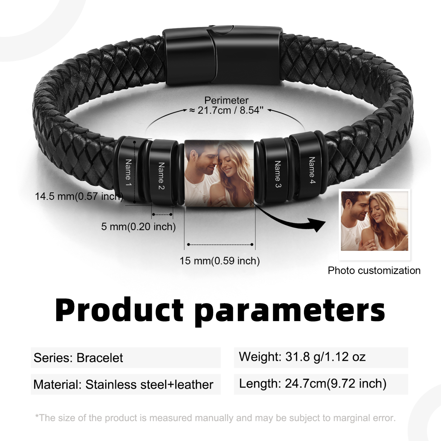 Herren Personalisierte 4 Namen & Foto Geflochtenes Leder Armband