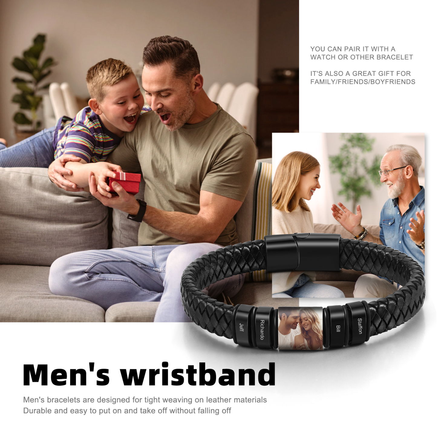 Herren Personalisierte 4 Namen & Foto Geflochtenes Leder Armband