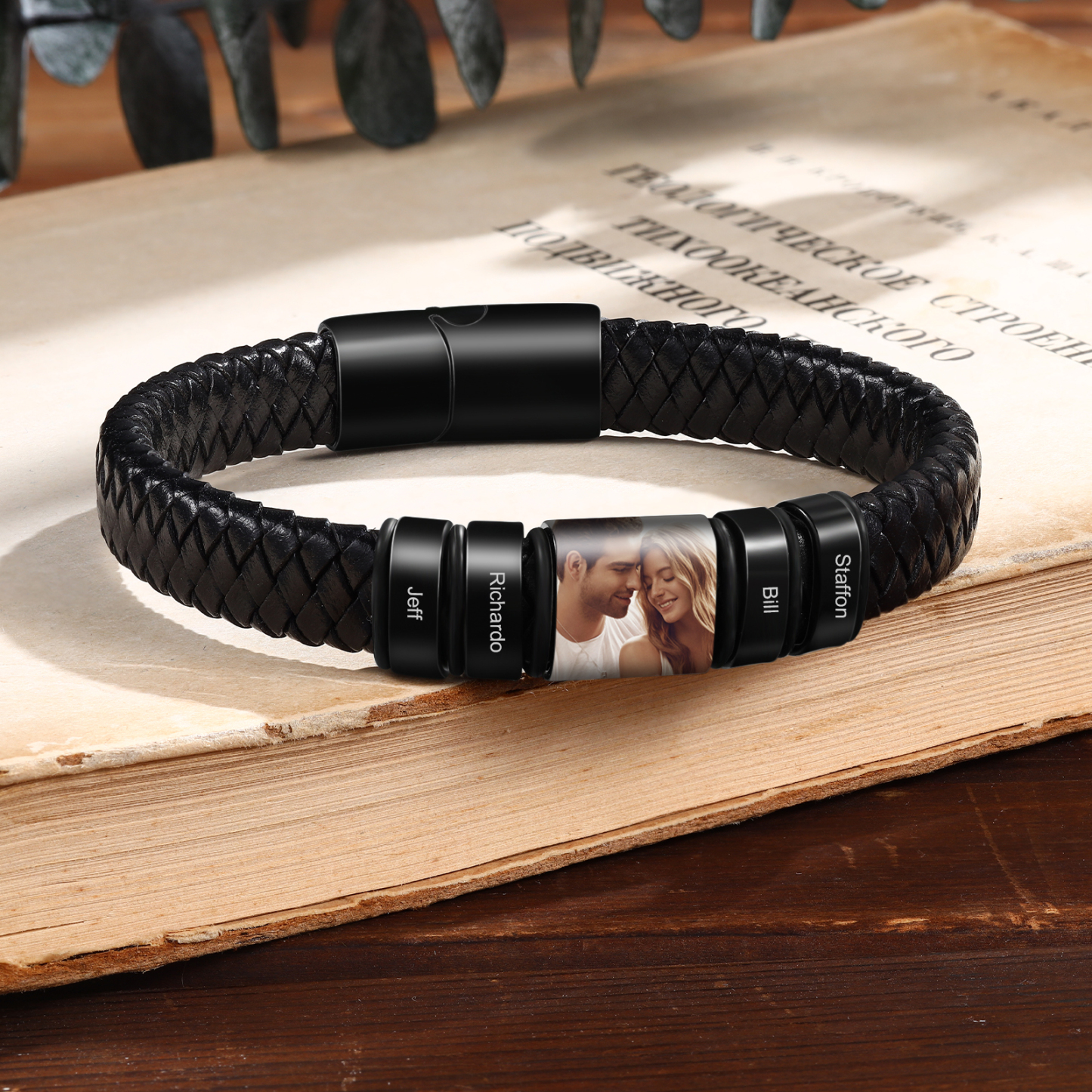 Herren Personalisierte 4 Namen & Foto Geflochtenes Leder Armband