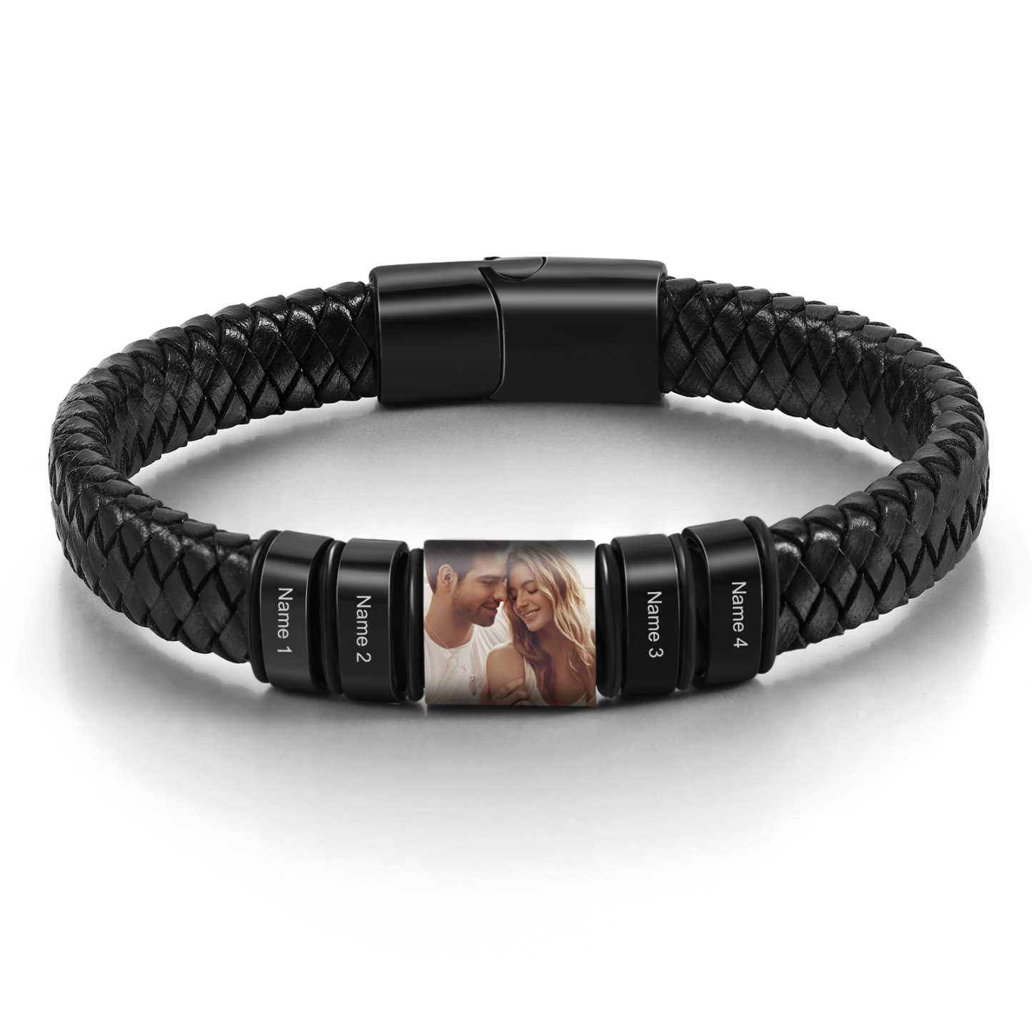 Herren Personalisierte 4 Namen & Foto Geflochtenes Leder Armband