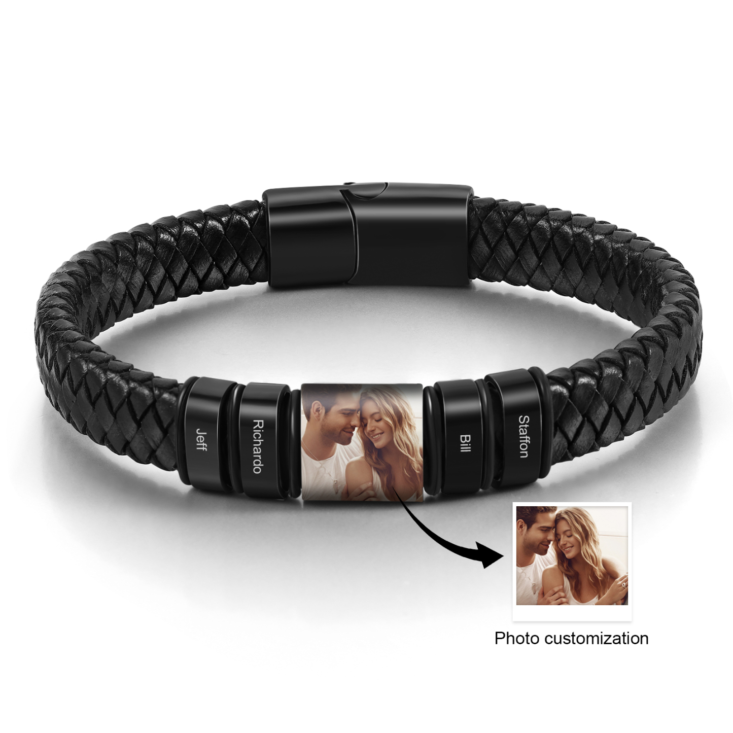 Herren Personalisierte 4 Namen & Foto Geflochtenes Leder Armband