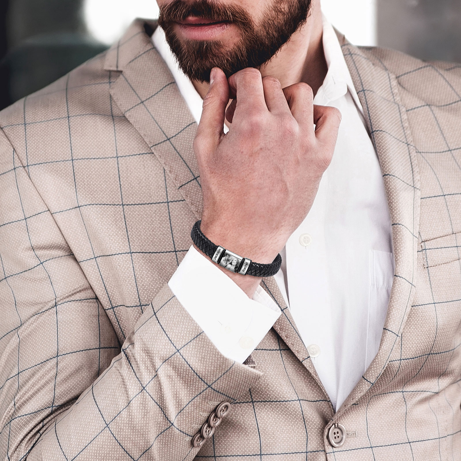 Herren Personalisierte 2-5 Namen & Foto Geflochtenes Leder Armband