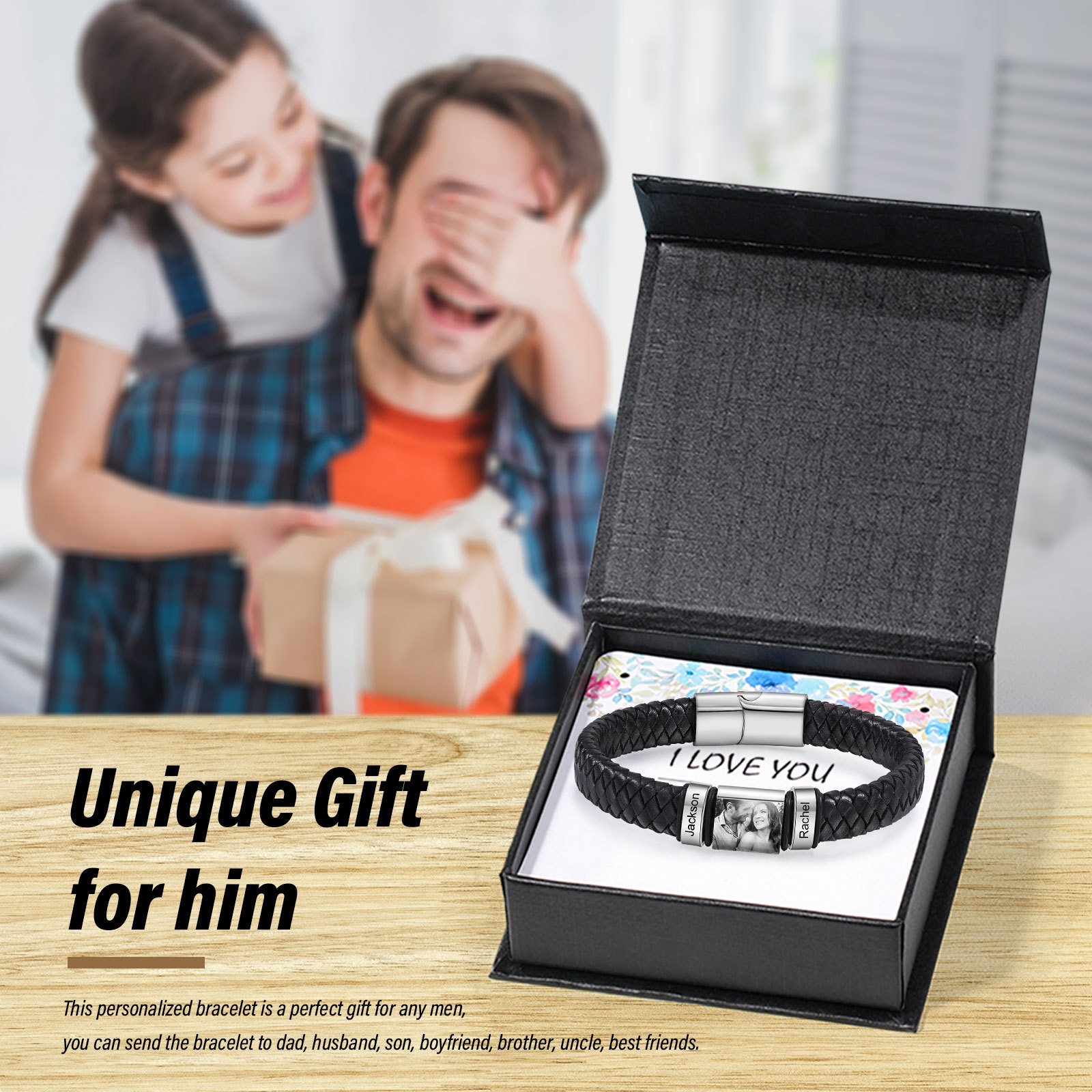 Herren Personalisierte 2-5 Namen & Foto Geflochtenes Leder Armband