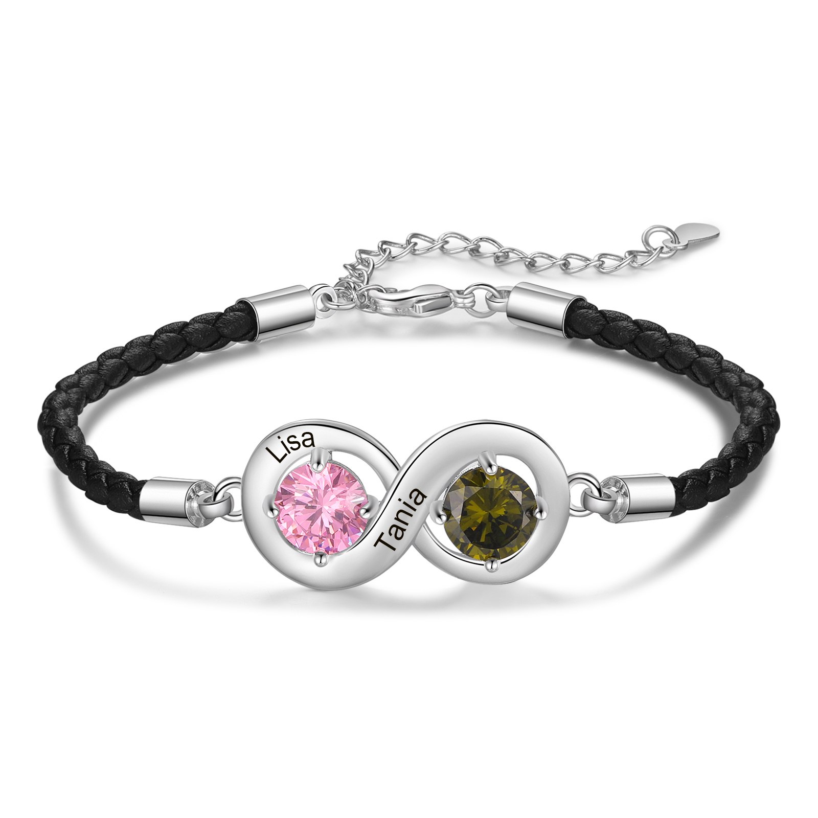 Personalisierbares Infinity Handseil Armband mit 2–6 Namen und Geburtssteinen