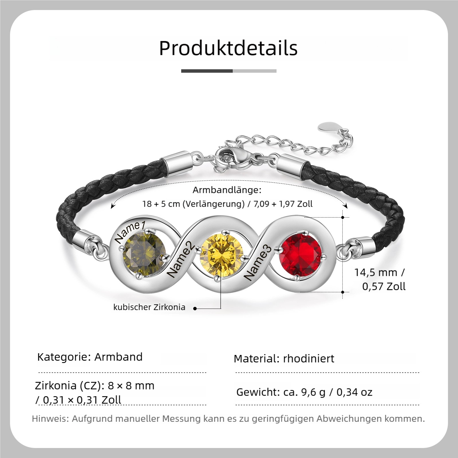 Personalisierbares Infinity Handseil Armband mit 2–6 Namen und Geburtssteinen