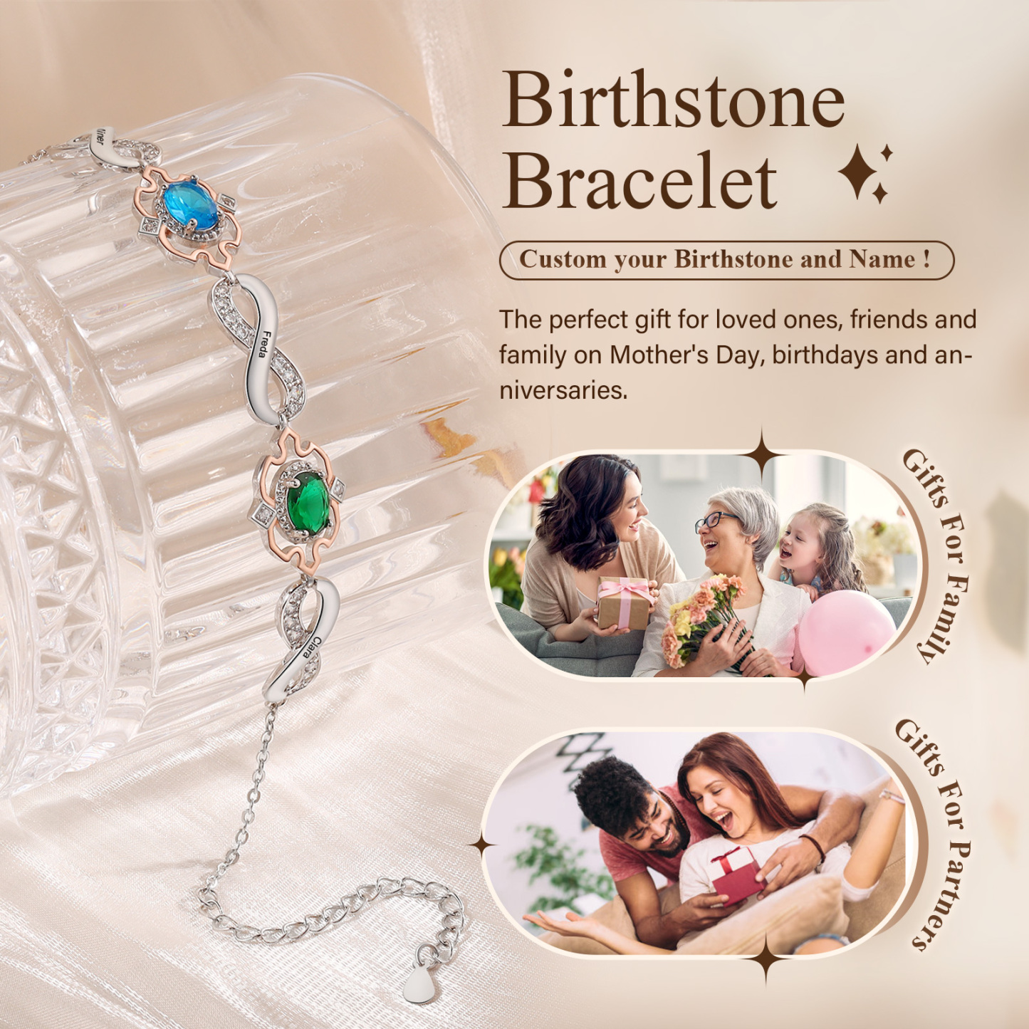 Personalisierte 2 Namen & 2 Geburtssteine Armband mit Zirkonia