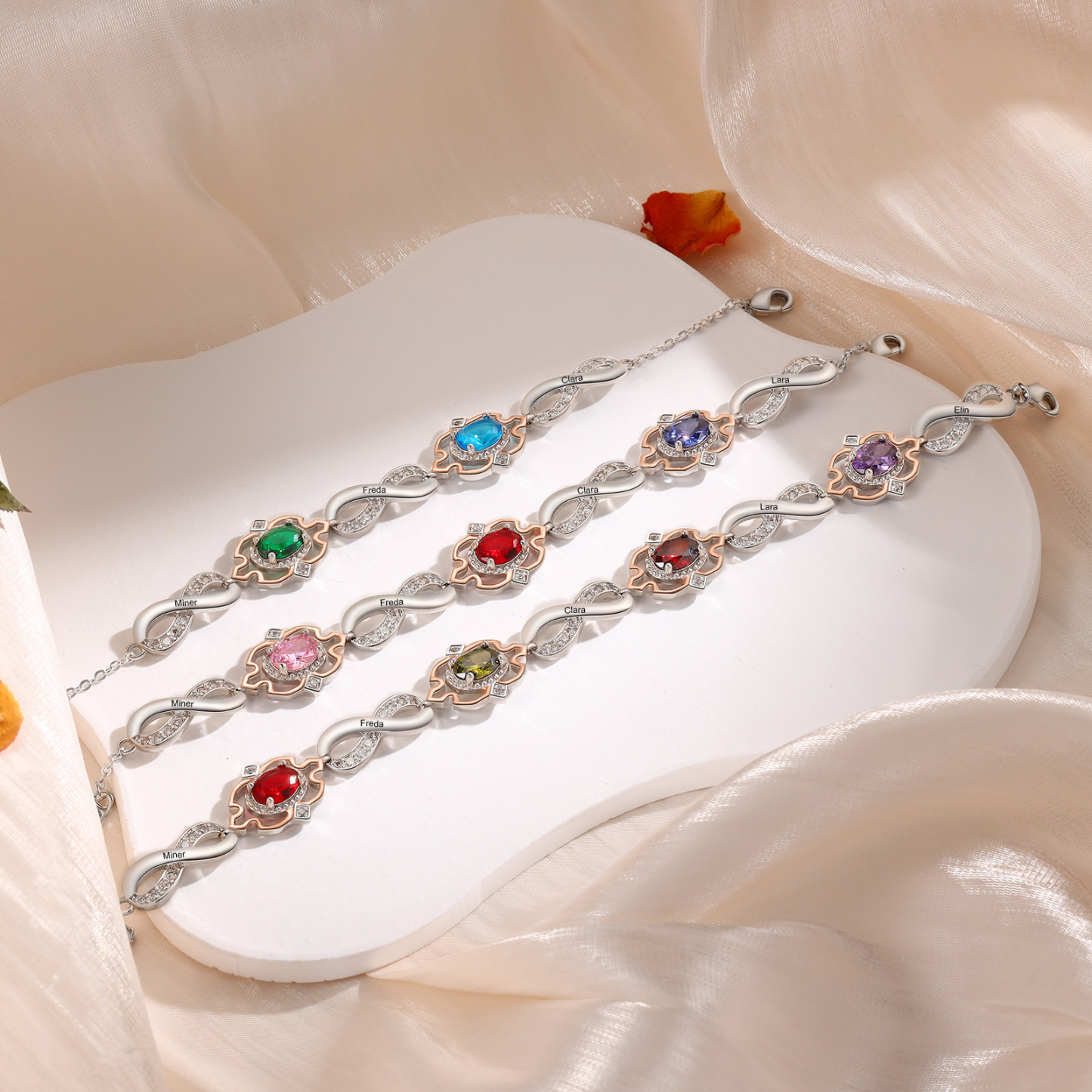 Personalisierte 3 Namen & 3 Geburtssteine Armband mit Zirkonia