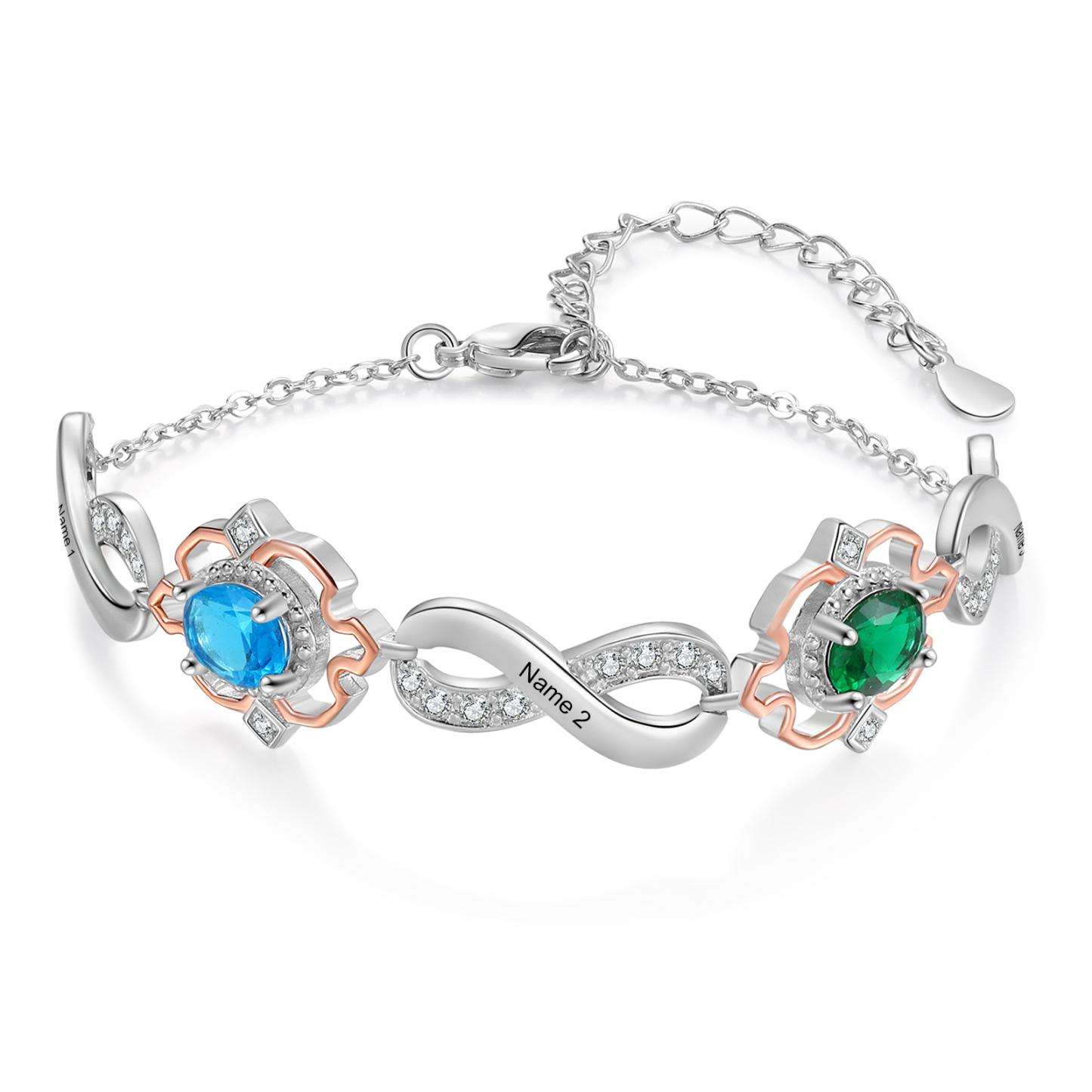 Personalisierte 2 Namen & 2 Geburtssteine Armband mit Zirkonia