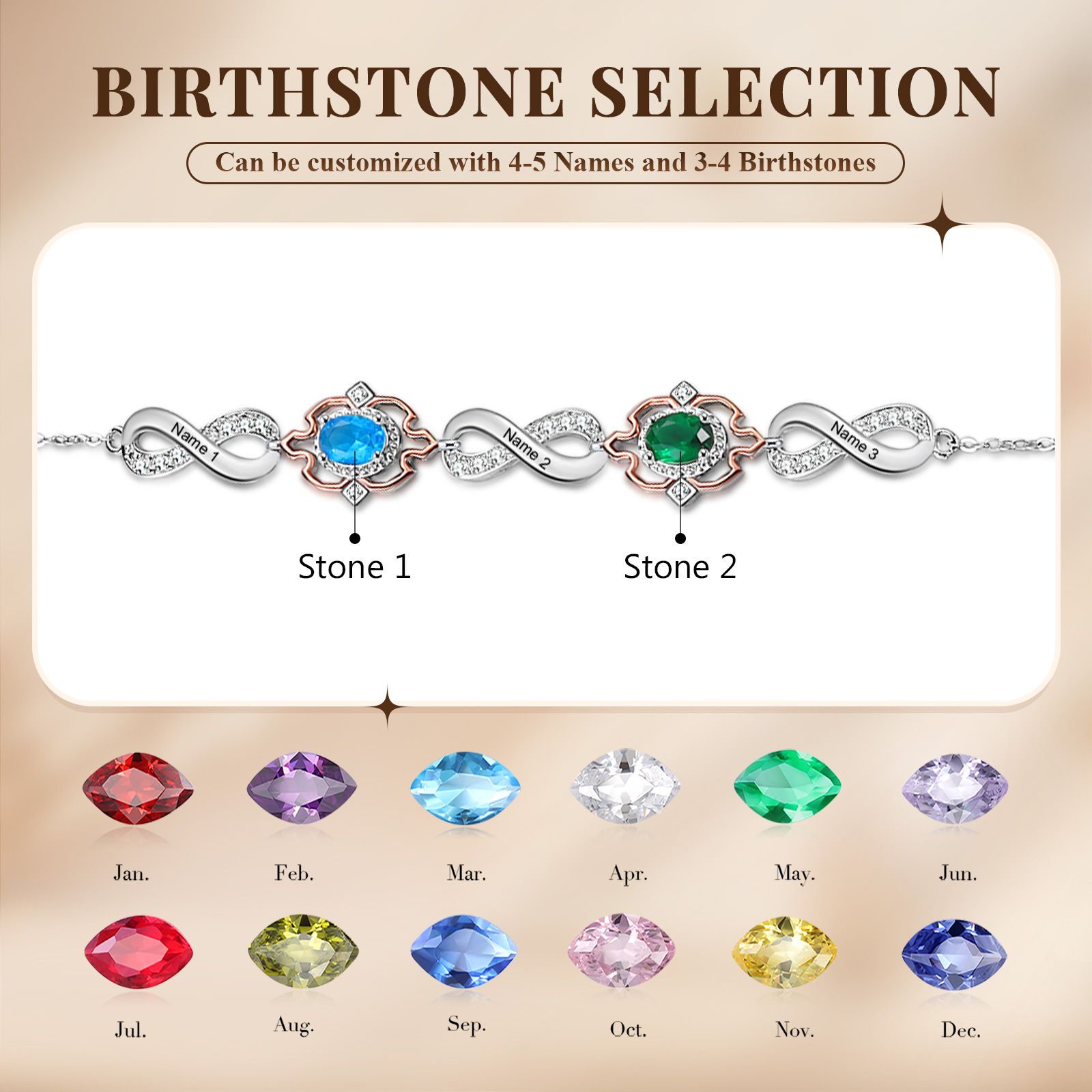 Personalisierte 2 Namen & 2 Geburtssteine Armband mit Zirkonia