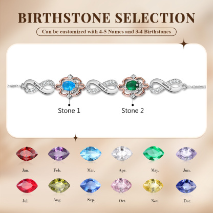 Personalisierte 2 Namen & 2 Geburtssteine Armband mit Zirkonia