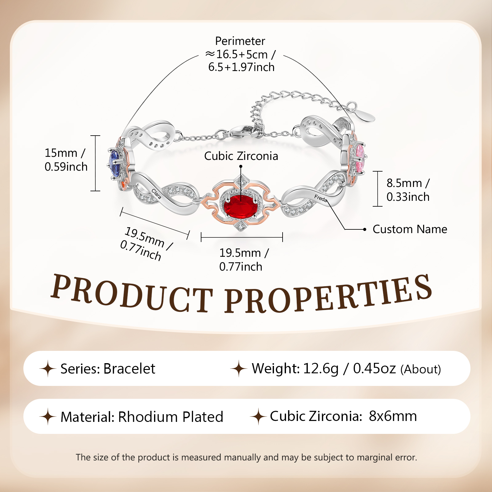 Personalisierte 3 Namen & 3 Geburtssteine Armband mit Zirkonia