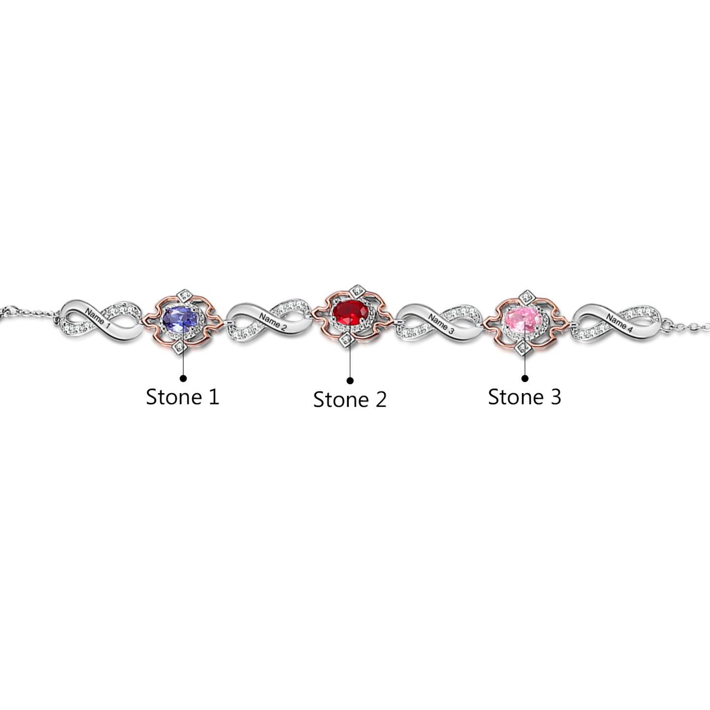 Personalisierte 3 Namen & 3 Geburtssteine Armband mit Zirkonia