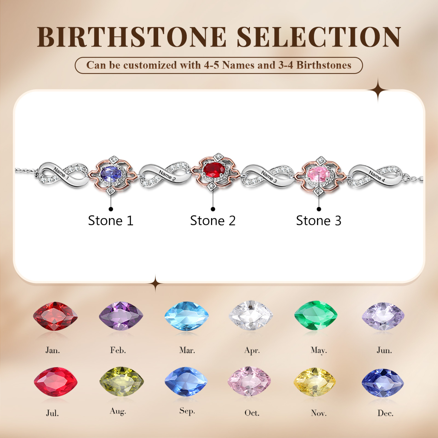 Personalisierte 3 Namen & 3 Geburtssteine Armband mit Zirkonia