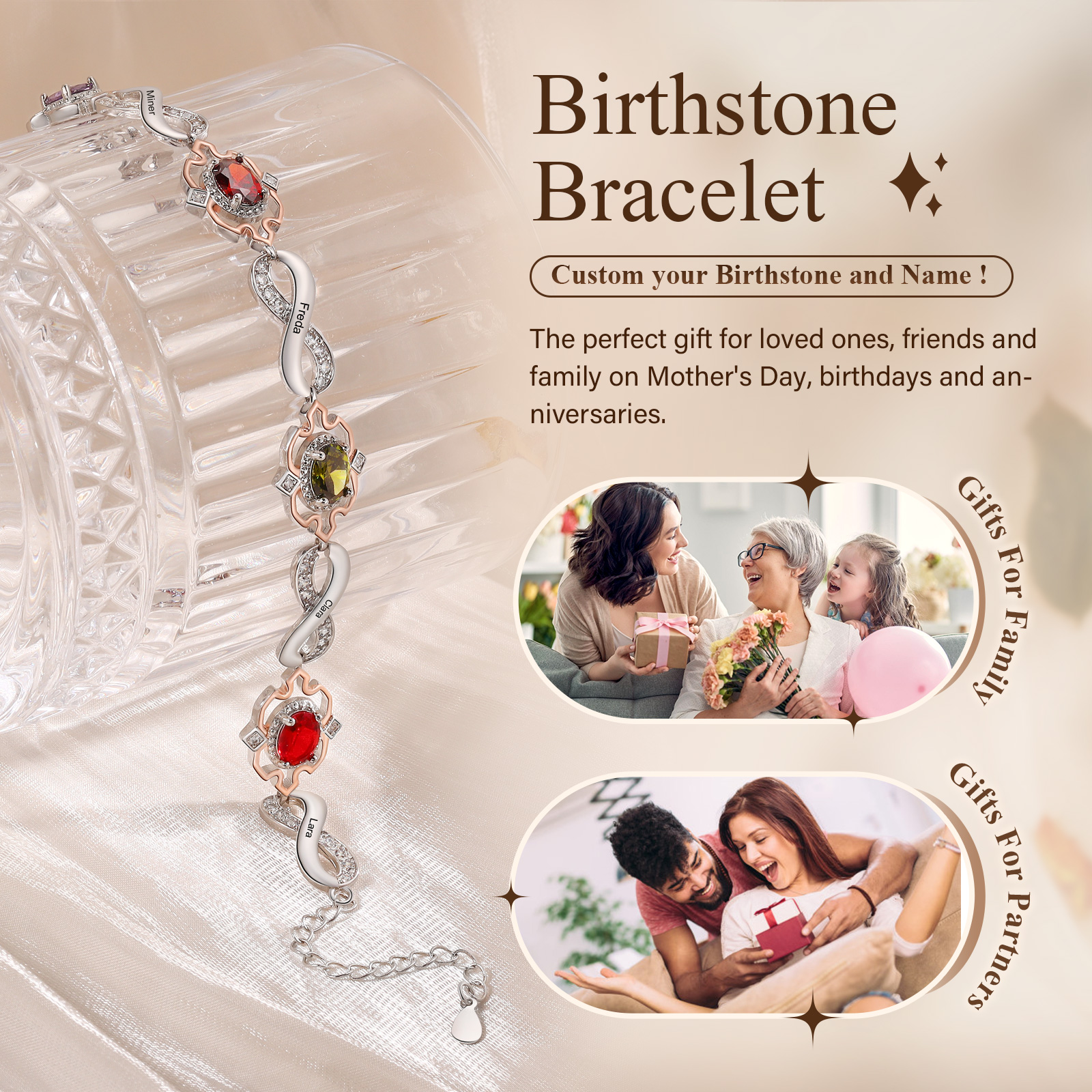 [Copy]Personalisierte 3 Namen & 3 Geburtssteine Armband mit Zirkonia