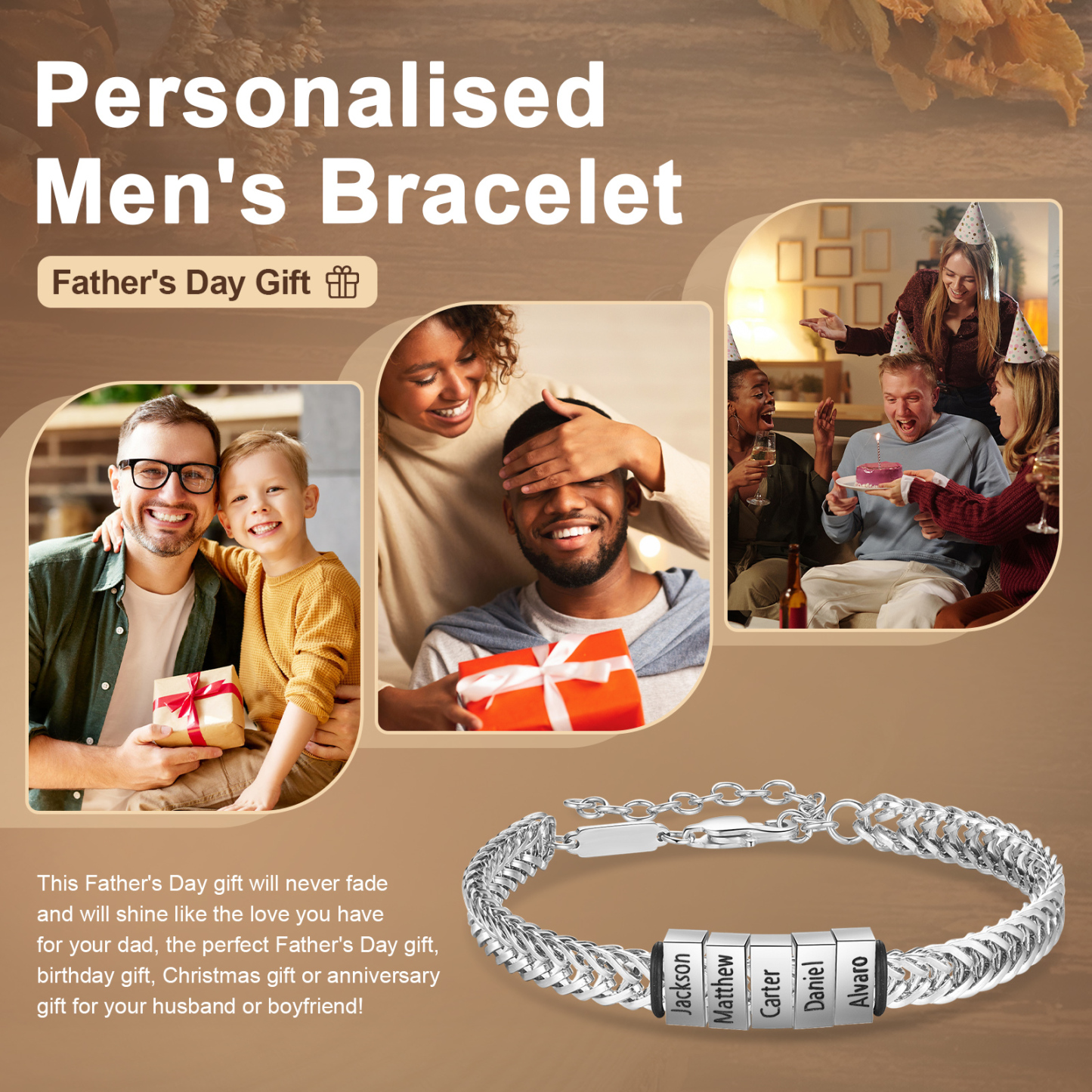 Personalisiertes 5 Namen Herren Edelstahl Armband