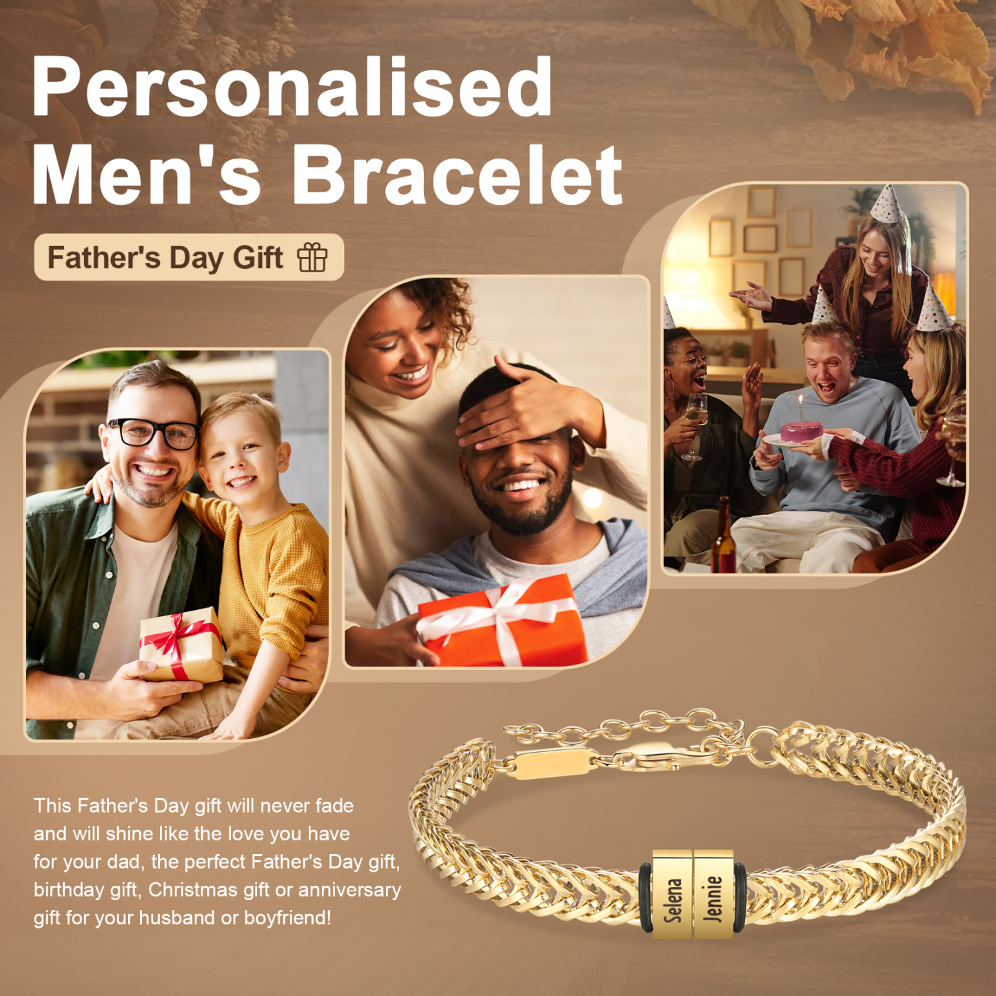 Personalisiertes 3 Namen Herren Edelstahl Armband