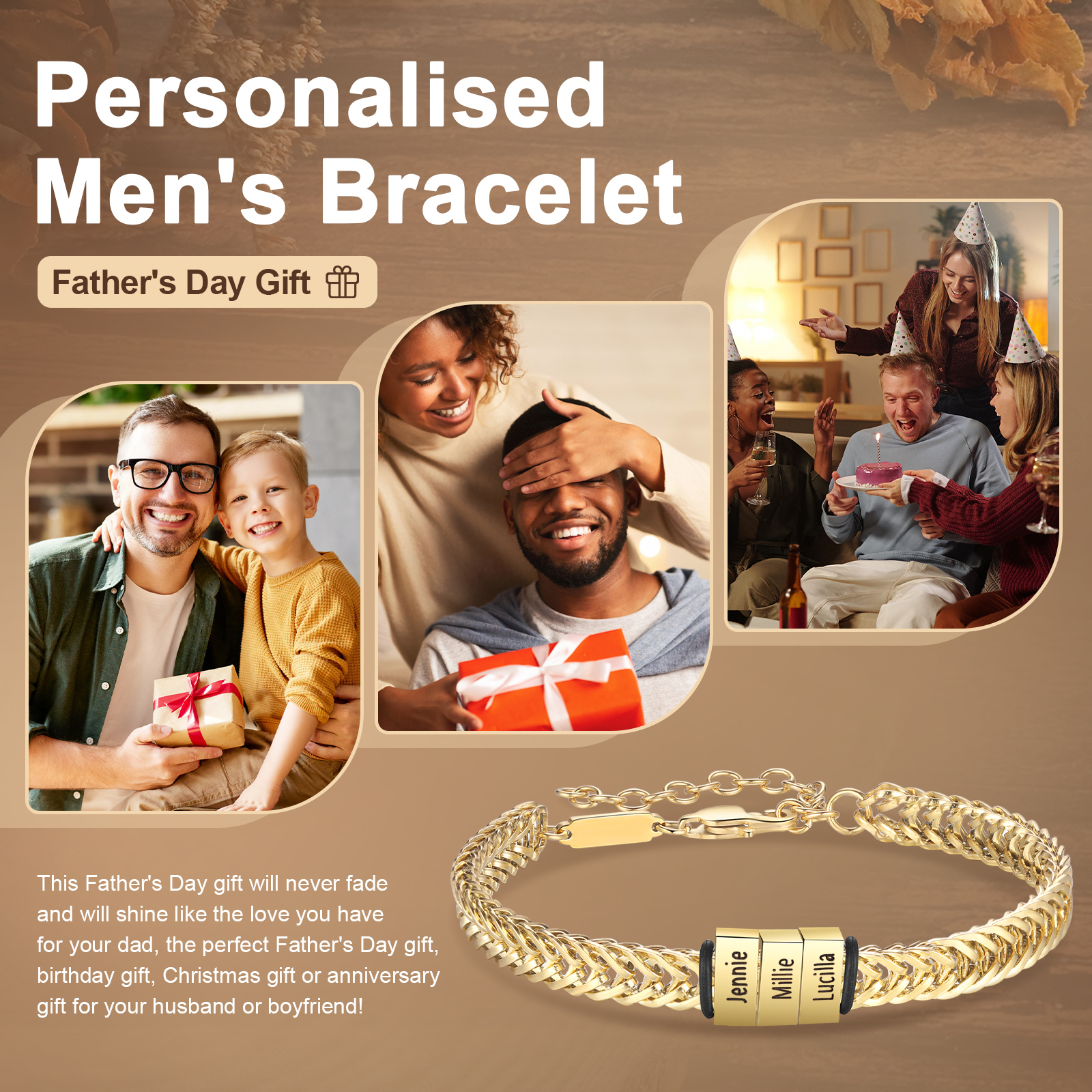 Personalisiertes 3 Namen Herren Edelstahl Armband