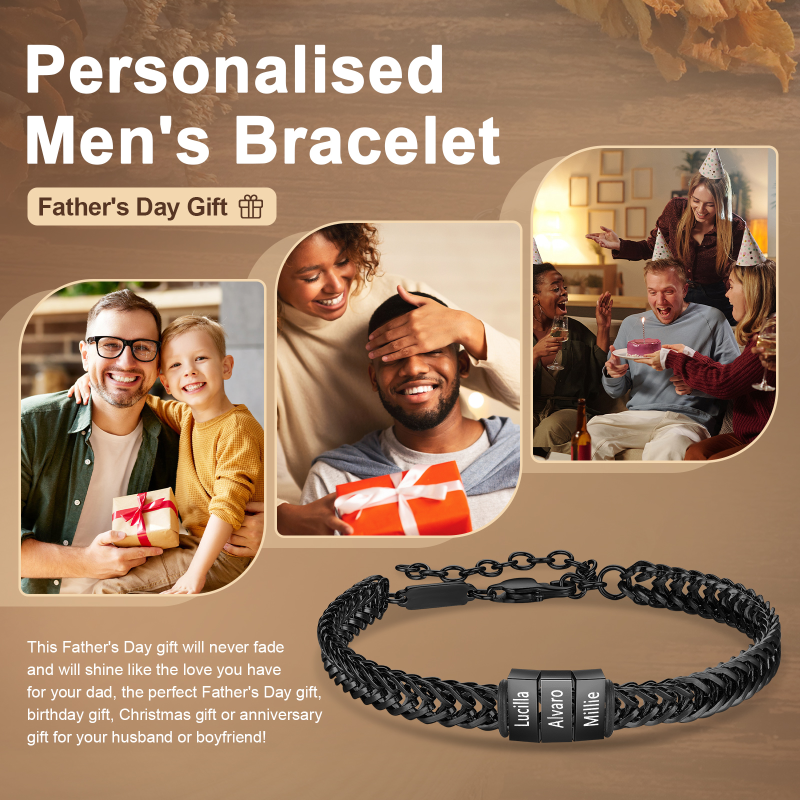 Personalisiertes 3 Namen Herren Edelstahl Armband