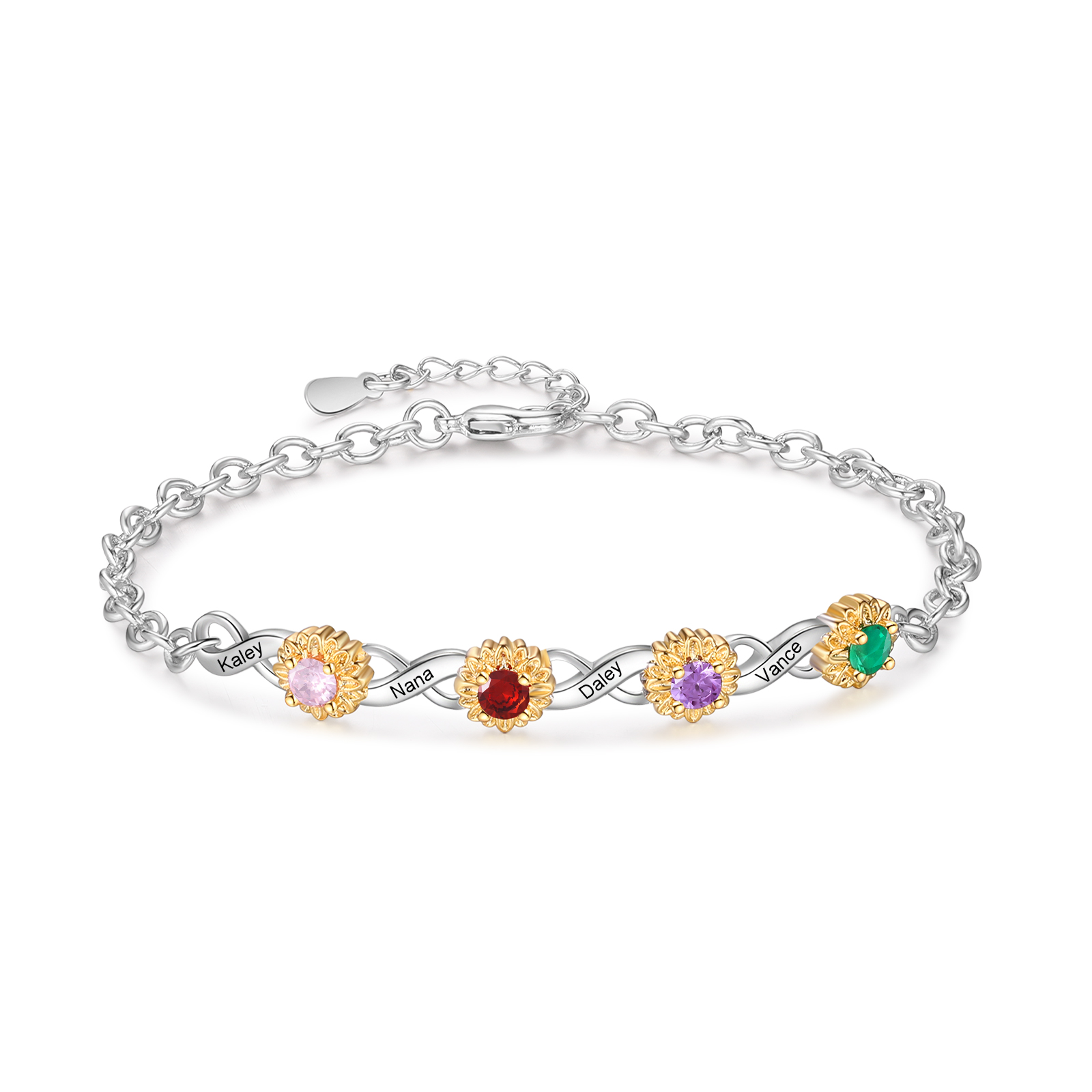 Personalisierte Sonnenblume Infinity Armband mit 2-4 Namen & Geburtssteinen