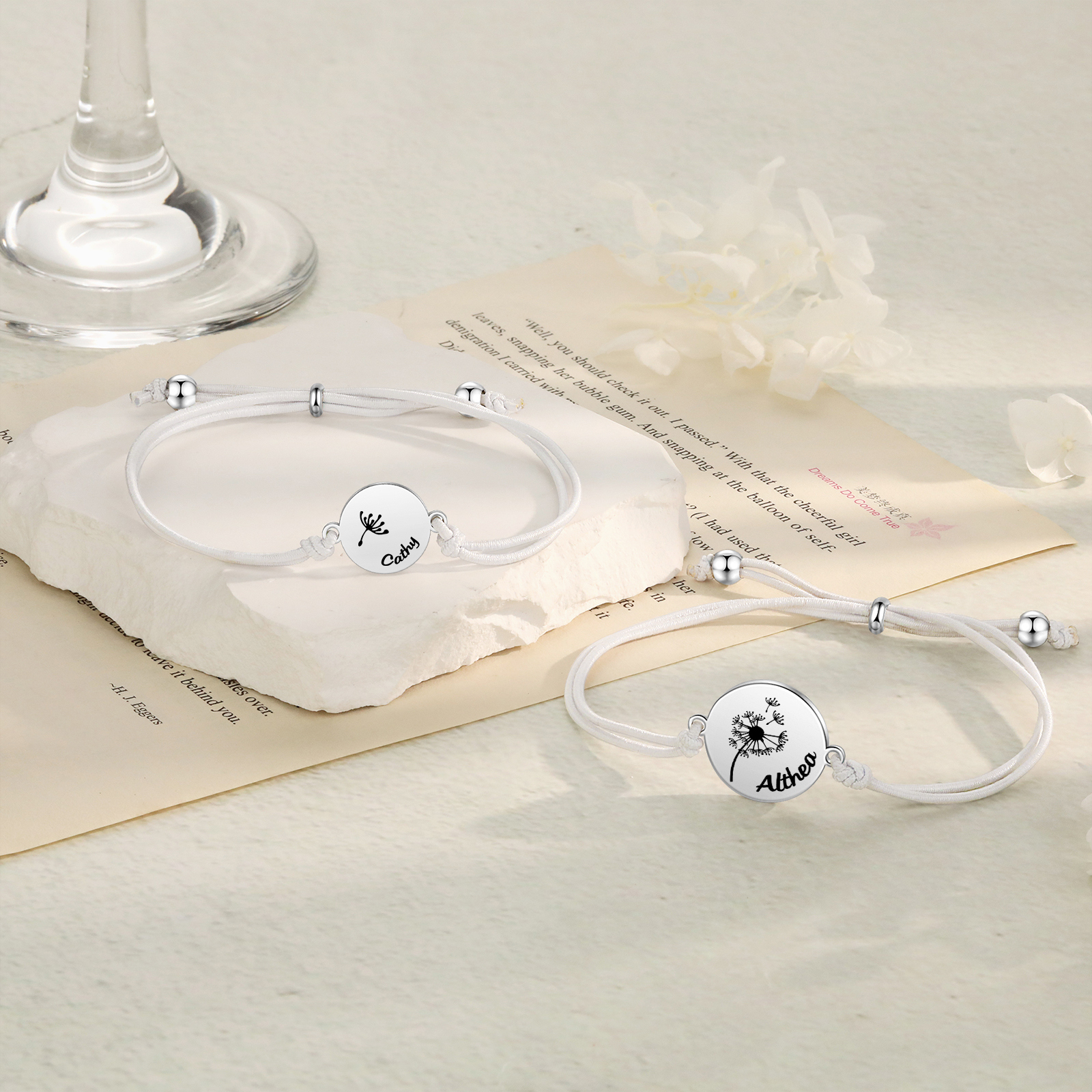 Personalisierte 2 Namen Löwenzahn Armbänder Set mit 2 Ketten Gummiband -Für das Schulkind- Schulanfang Geschenk