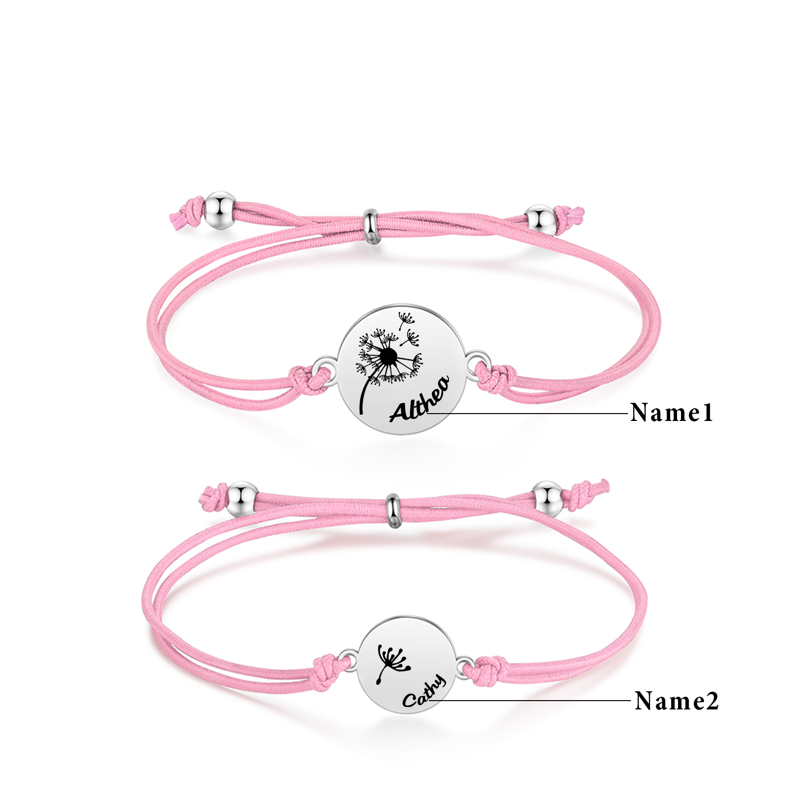 Personalisierte 2 Namen Löwenzahn Armbänder Set mit 2 Ketten Gummiband -Für das Schulkind- Schulanfang Geschenk