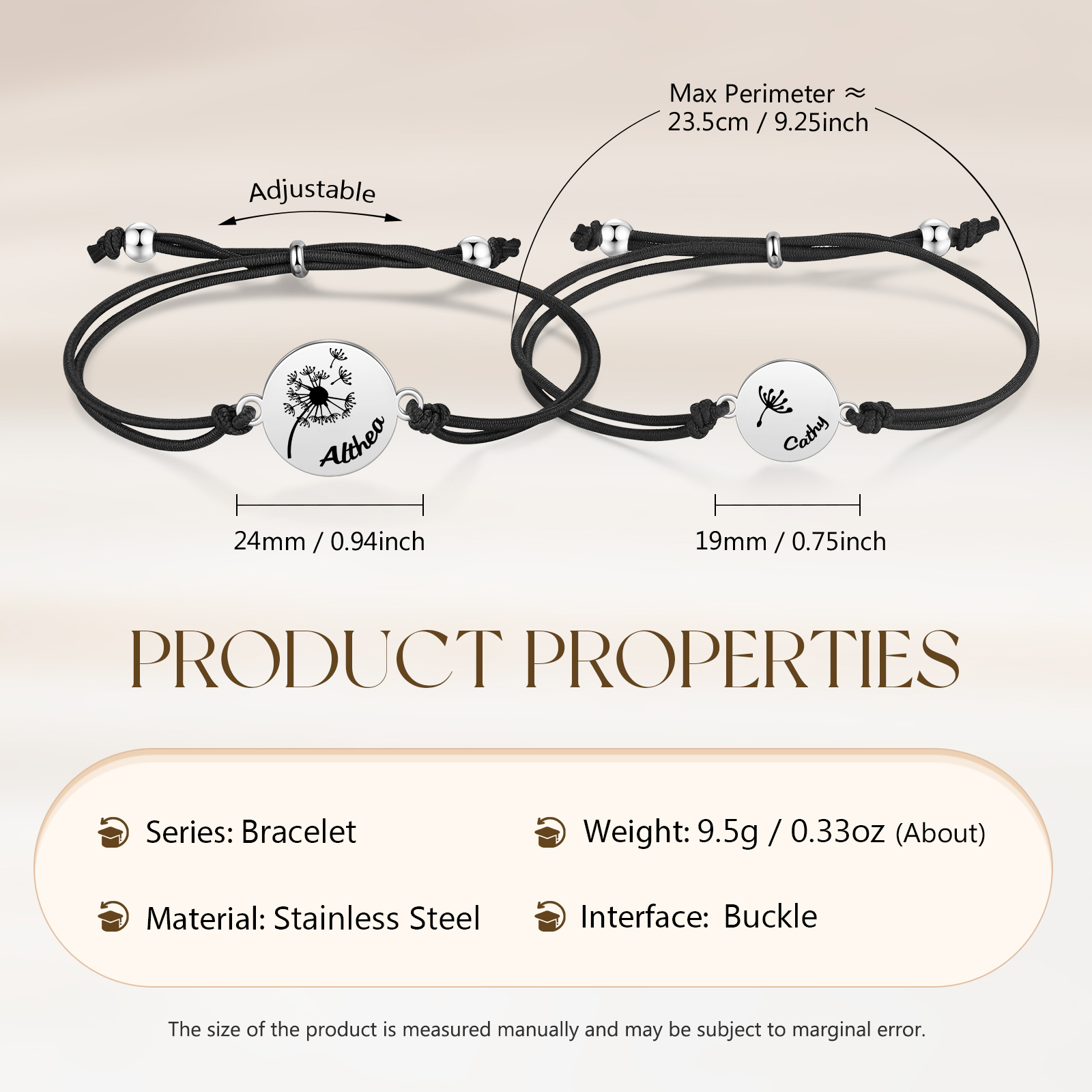 Personalisierte 2 Namen Löwenzahn Armbänder Set mit 2 Ketten Gummiband - Schulanfang Geschenk