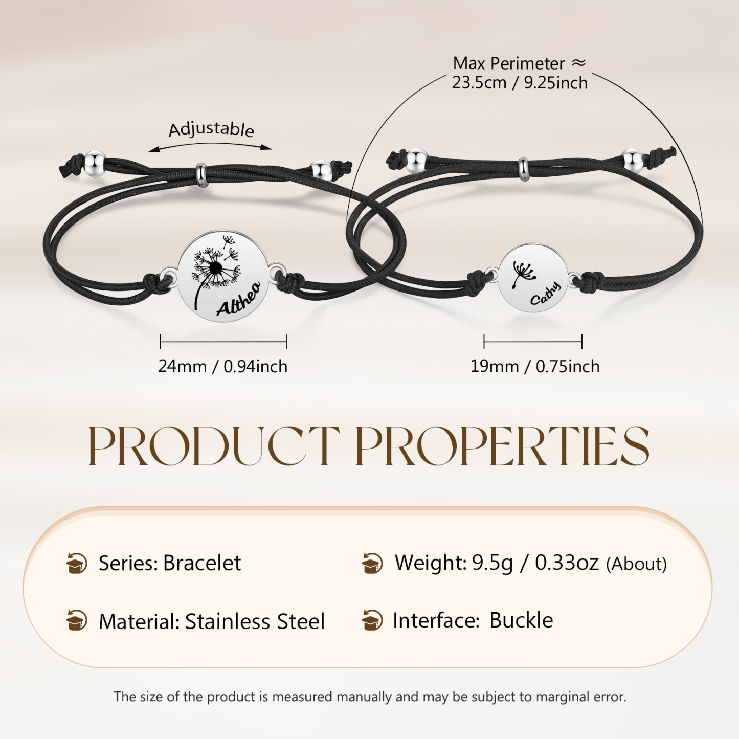 Personalisierte 2 Namen Löwenzahn Armbänder Set mit 2 Ketten Gummiband - Schulanfang Geschenk