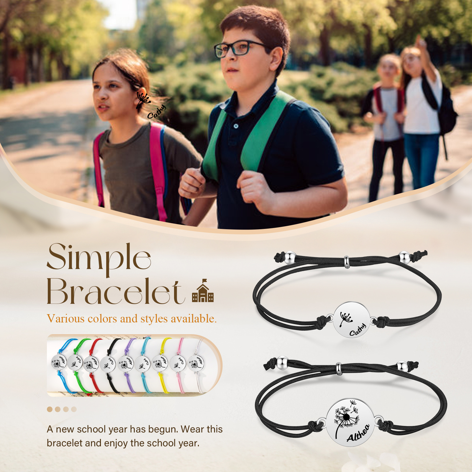 Personalisierte 2 Namen Löwenzahn Armbänder Set mit 2 Ketten Gummiband - Schulanfang Geschenk