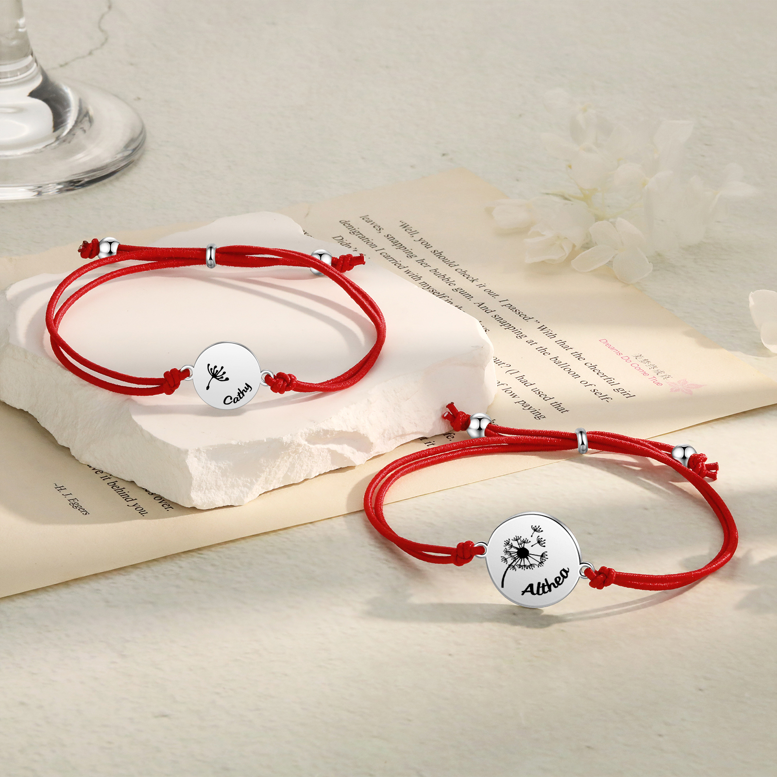 Personalisierte 2 Namen Löwenzahn Armbänder Set mit 2 Ketten Gummiband -Für das Schulkind- Schulanfang Geschenk