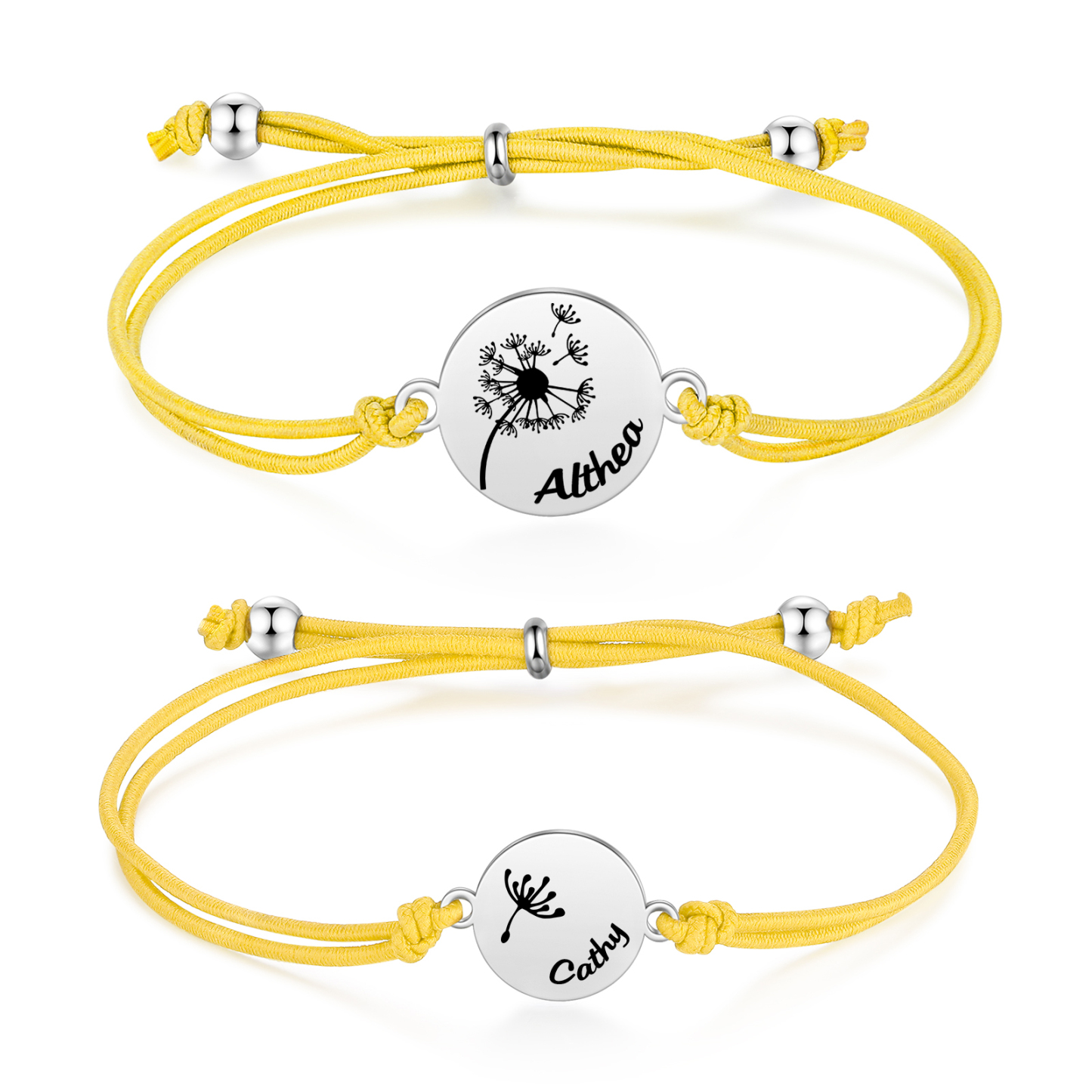 Personalisierte 2 Namen Löwenzahn Armbänder Set mit 2 Ketten Gummiband -Für das Schulkind- Schulanfang Geschenk