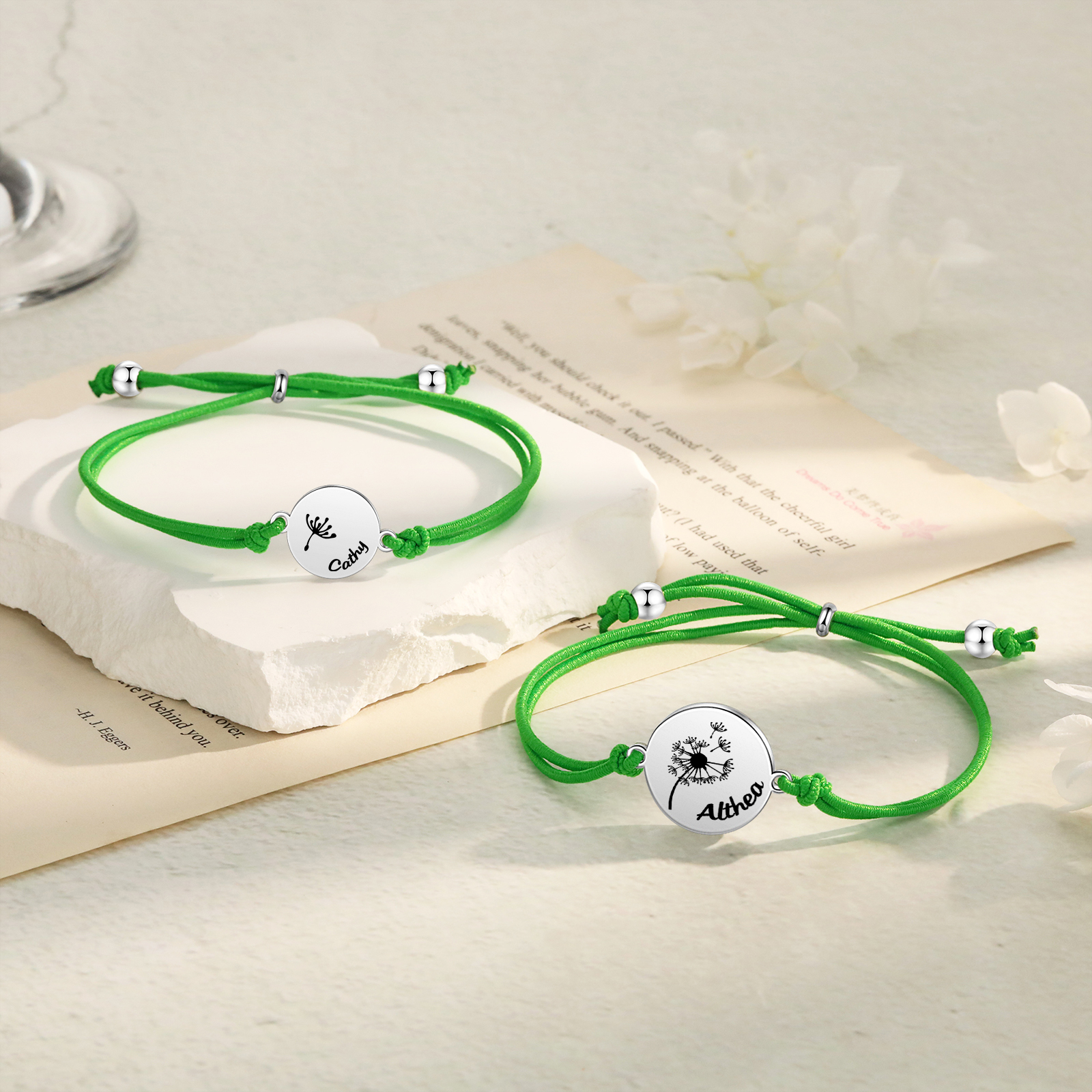 Personalisierte 2 Namen Löwenzahn Armbänder Set mit 2 Ketten Gummiband -Für das Schulkind- Schulanfang Geschenk