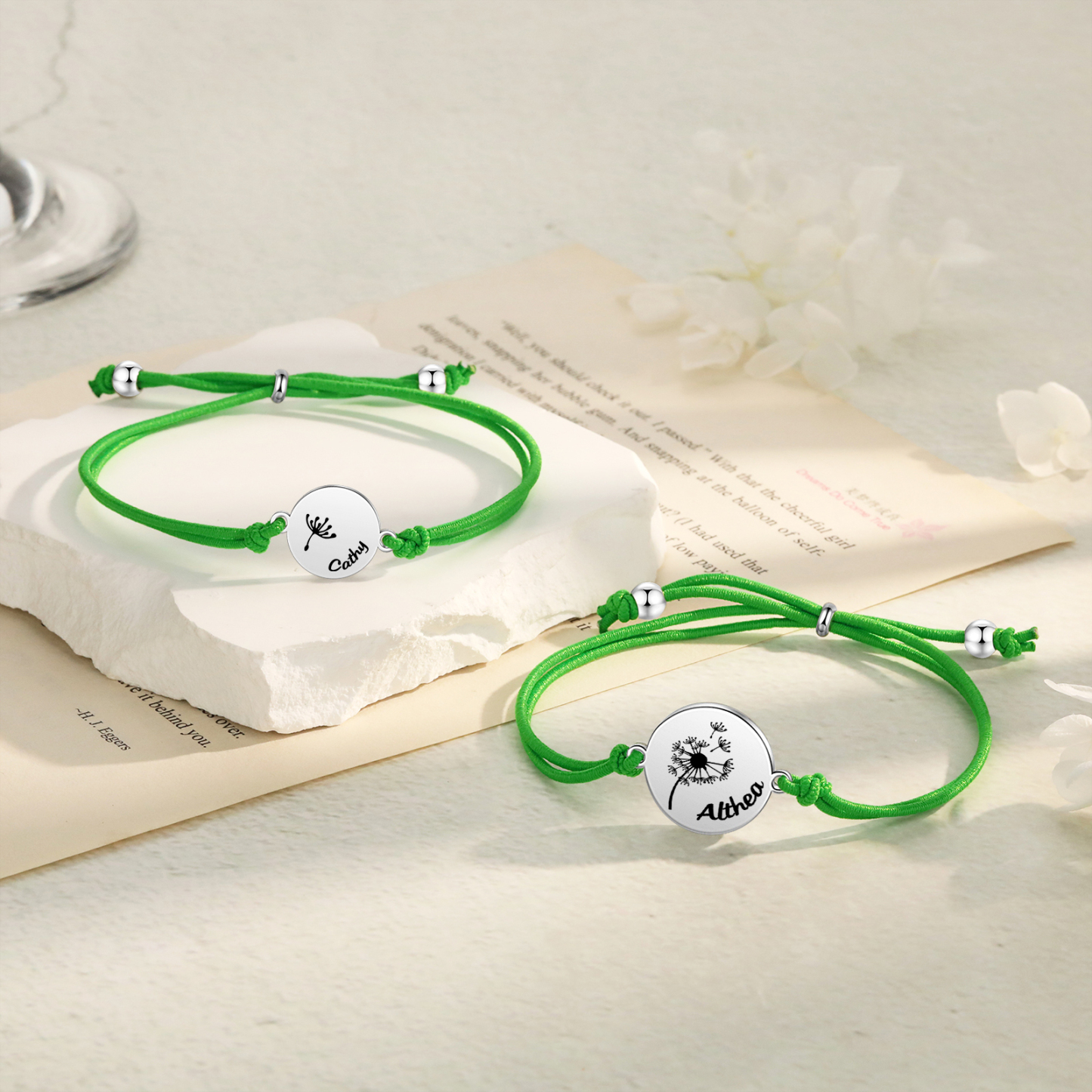 Personalisierte 2 Namen Löwenzahn Armbänder Set mit 2 Ketten Gummiband -Für das Schulkind- Schulanfang Geschenk