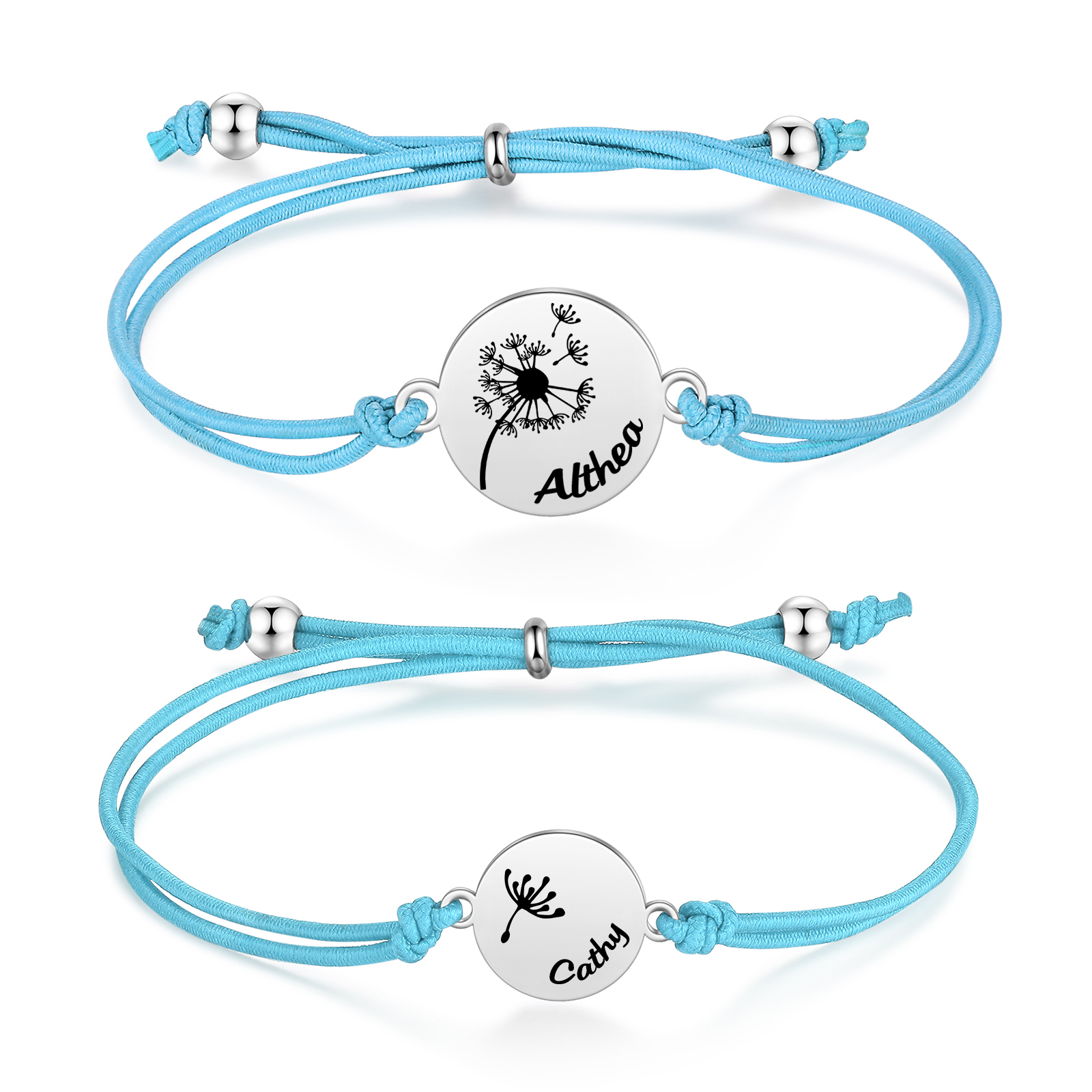 Personalisierte 2 Namen Löwenzahn Armbänder Set mit 2 Ketten Gummiband -Für das Schulkind- Schulanfang Geschenk