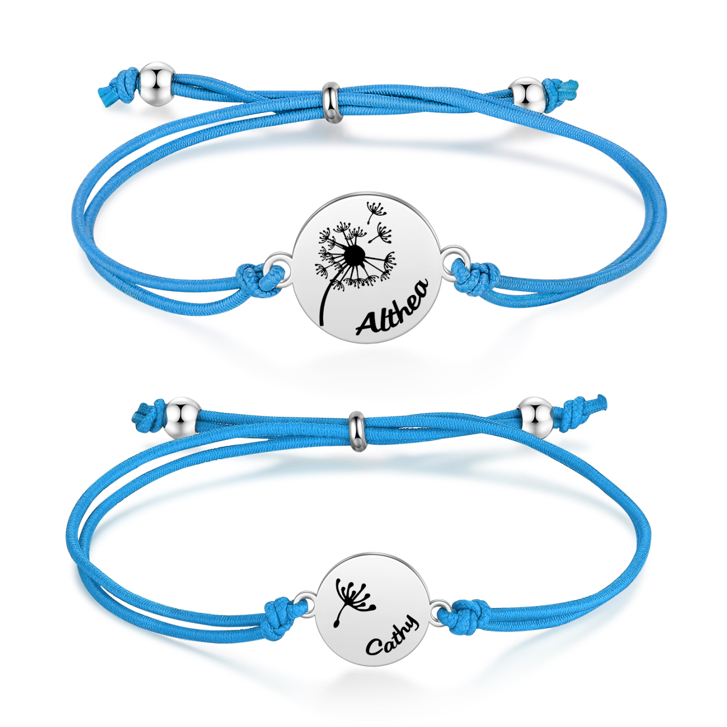 Personalisierte 2 Namen Löwenzahn Armbänder Set mit 2 Ketten Gummiband -Für das Schulkind- Schulanfang Geschenk