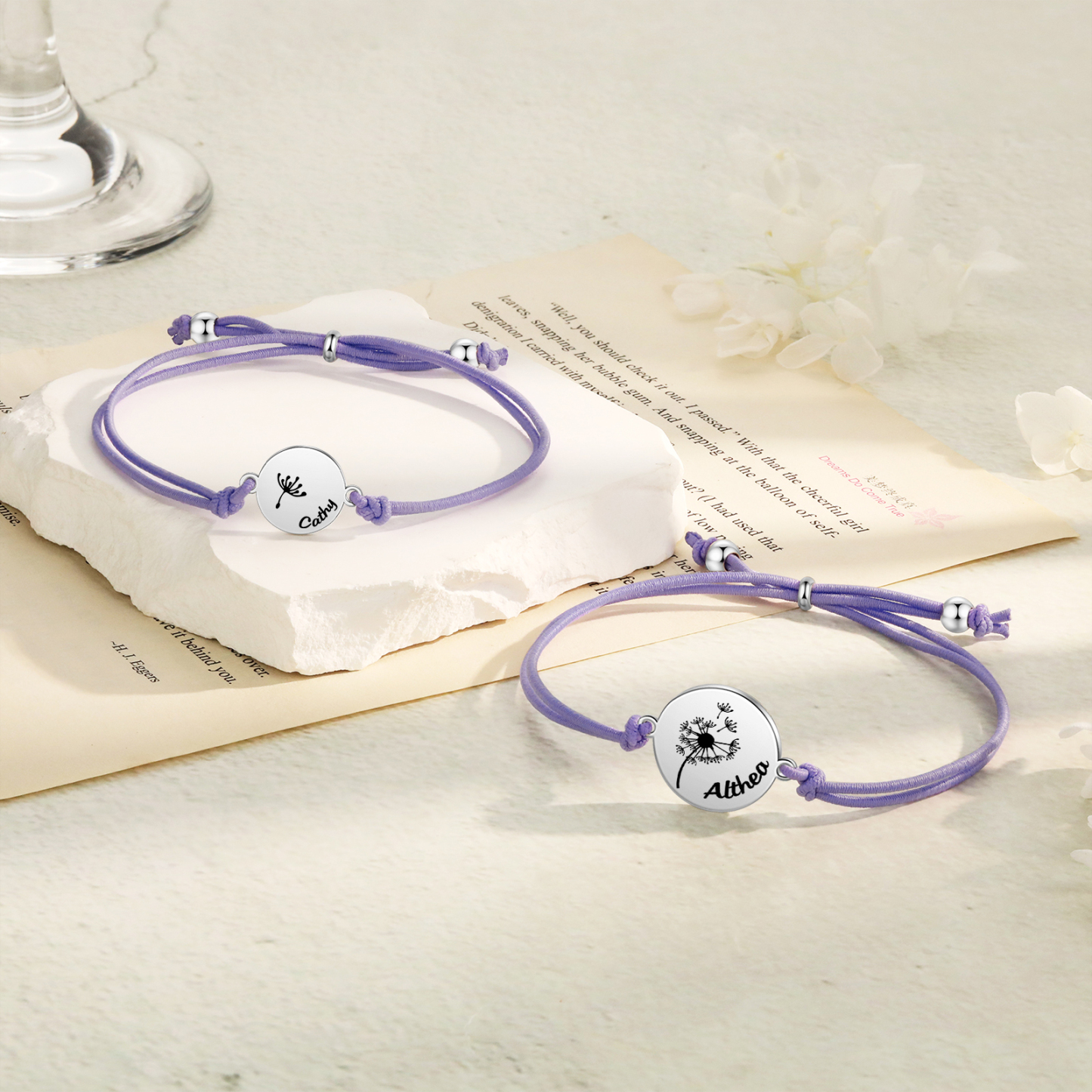 Personalisierte 2 Namen Löwenzahn Armbänder Set mit 2 Ketten Gummiband -Für das Schulkind- Schulanfang Geschenk