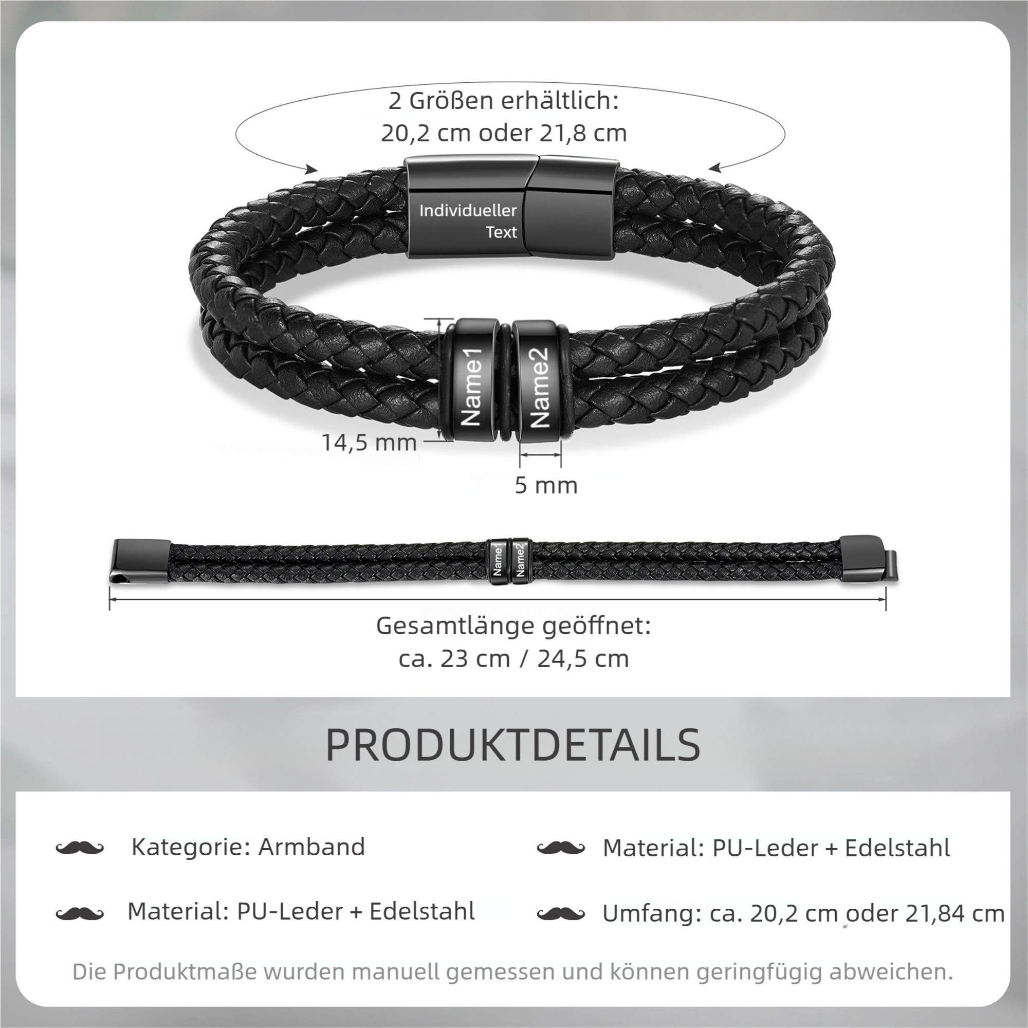 Personalisierbares Herren-Lederarmband mit 2–6 eingravierten Kindernamen, schwarzes geflochtenes Armband