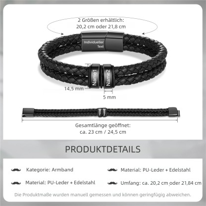 Personalisierbares Herren-Lederarmband mit 2–6 eingravierten Kindernamen, schwarzes geflochtenes Armband