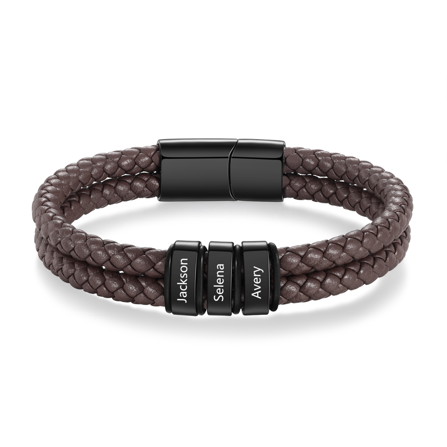 Personalisierbares Herren-Lederarmband mit 2–6 eingravierten Kindernamen, schwarzes geflochtenes Armband