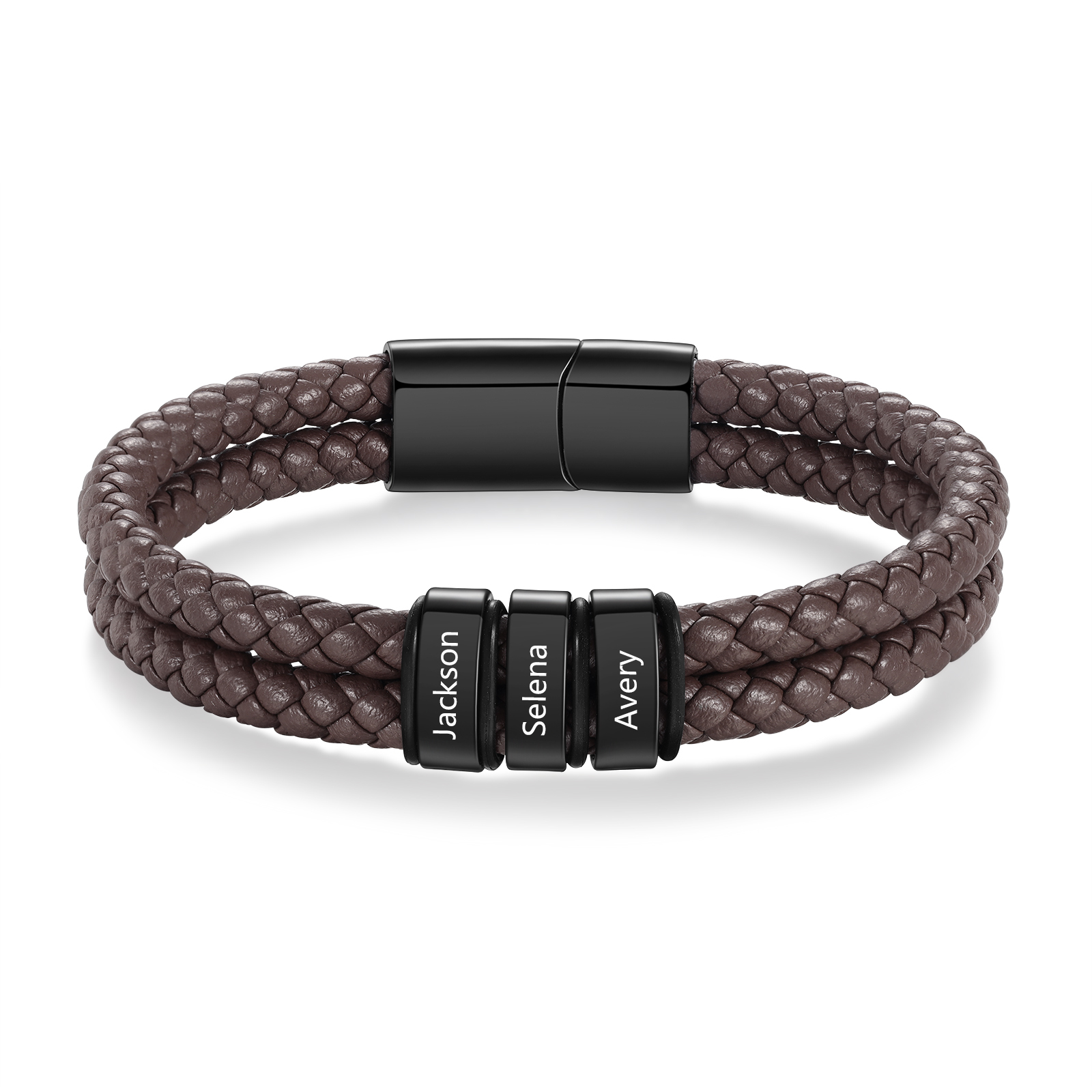 Personalisierbares Herren-Lederarmband mit 2–6 eingravierten Kindernamen, schwarzes geflochtenes Armband