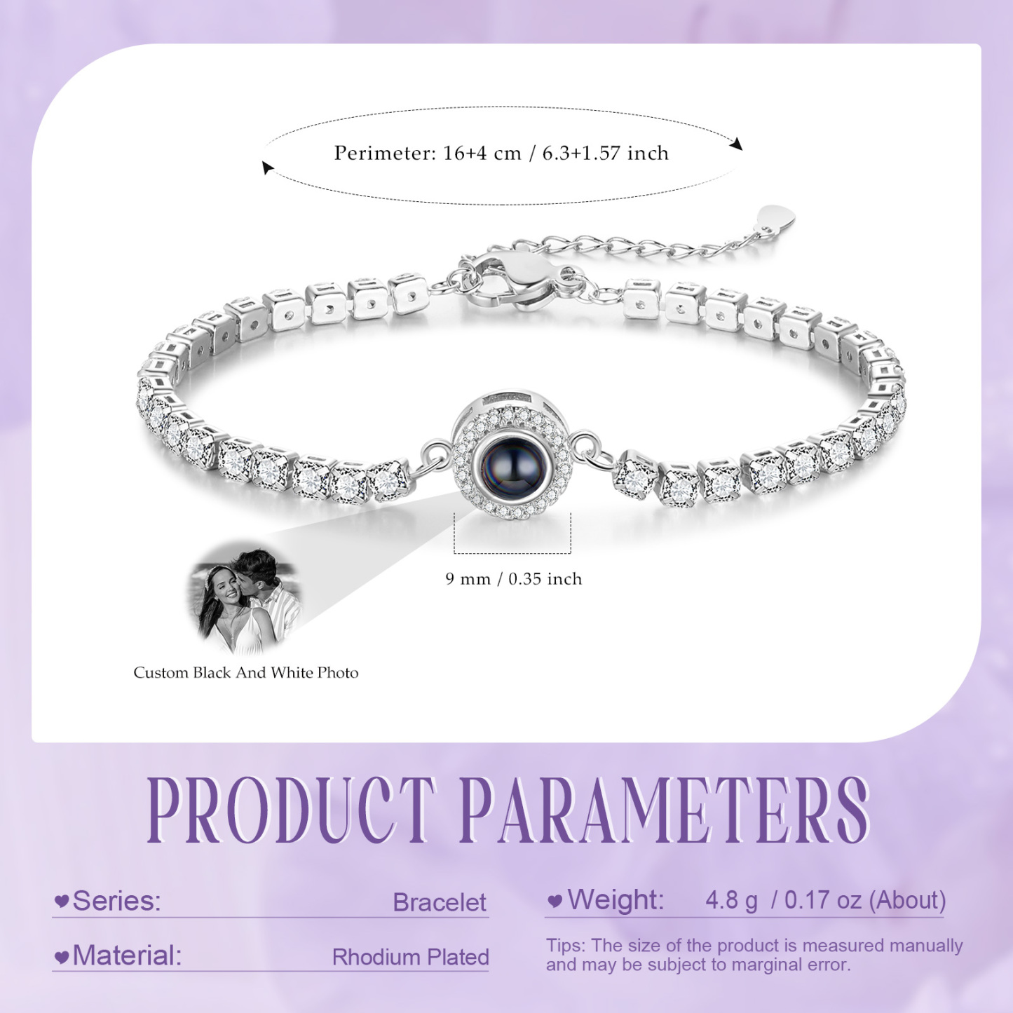 Personalisiertes Foto Rund schwarz-weißes-Foto Projektion Armband mit Zirkonia Kette