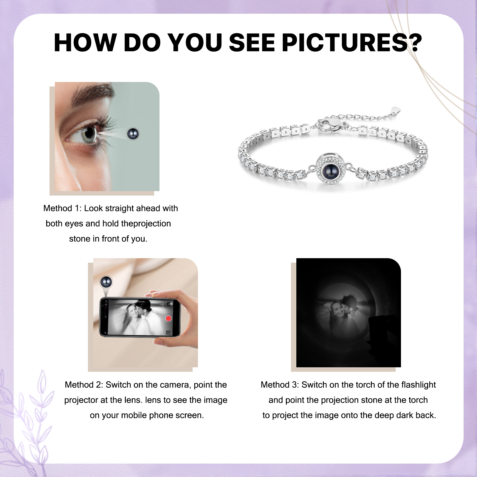 Personalisiertes Foto Rund schwarz-weißes-Foto Projektion Armband mit Zirkonia Kette