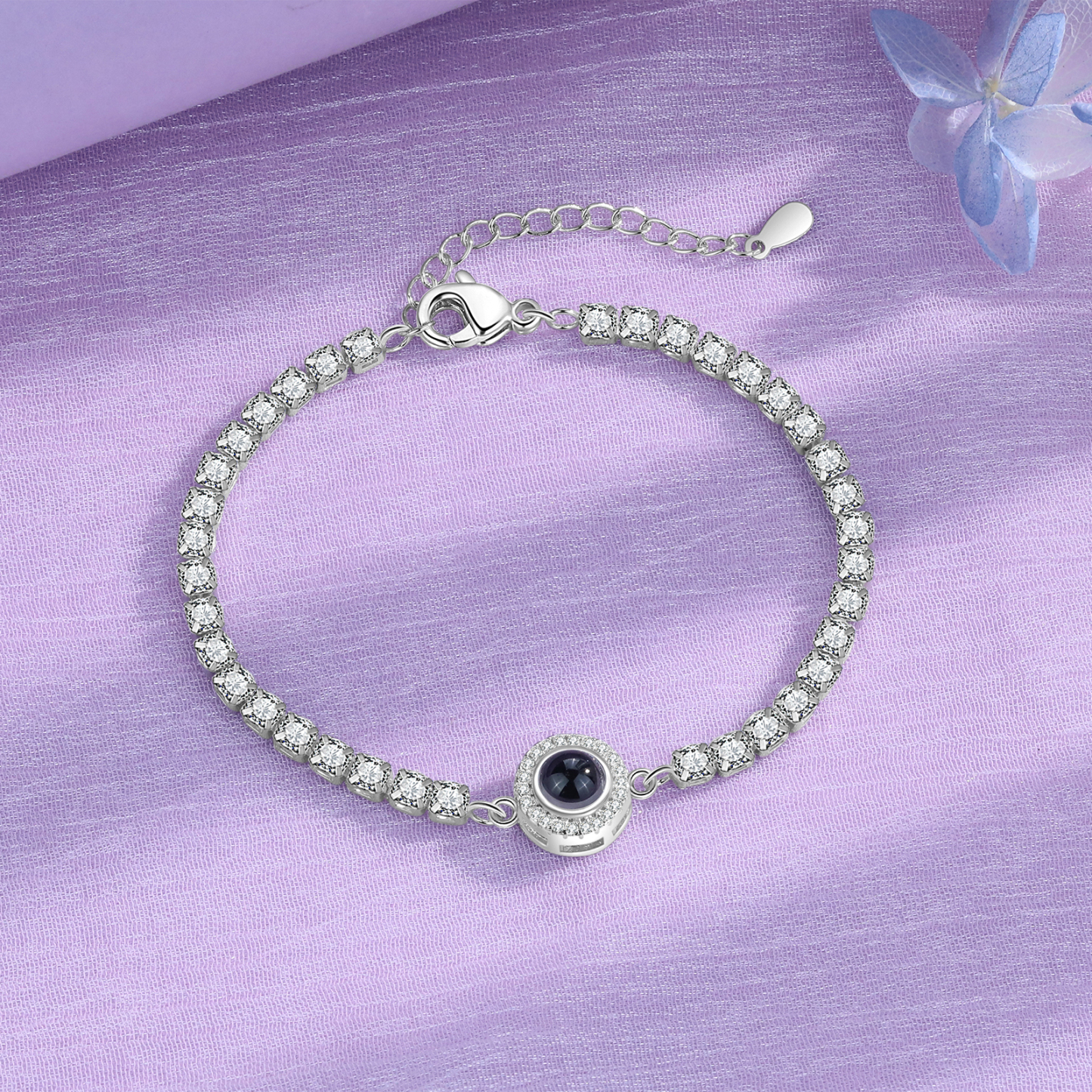 Personalisiertes Foto Rund schwarz-weißes-Foto Projektion Armband mit Zirkonia Kette