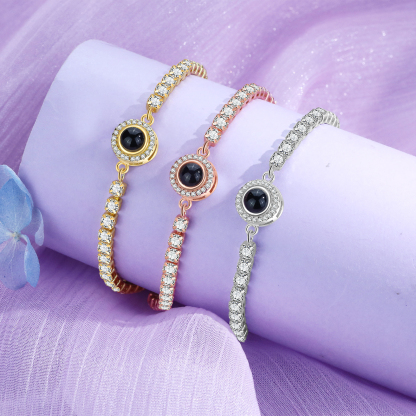 Personalisiertes Foto Rund schwarz-weißes-Foto Projektion Armband mit Zirkonia Kette