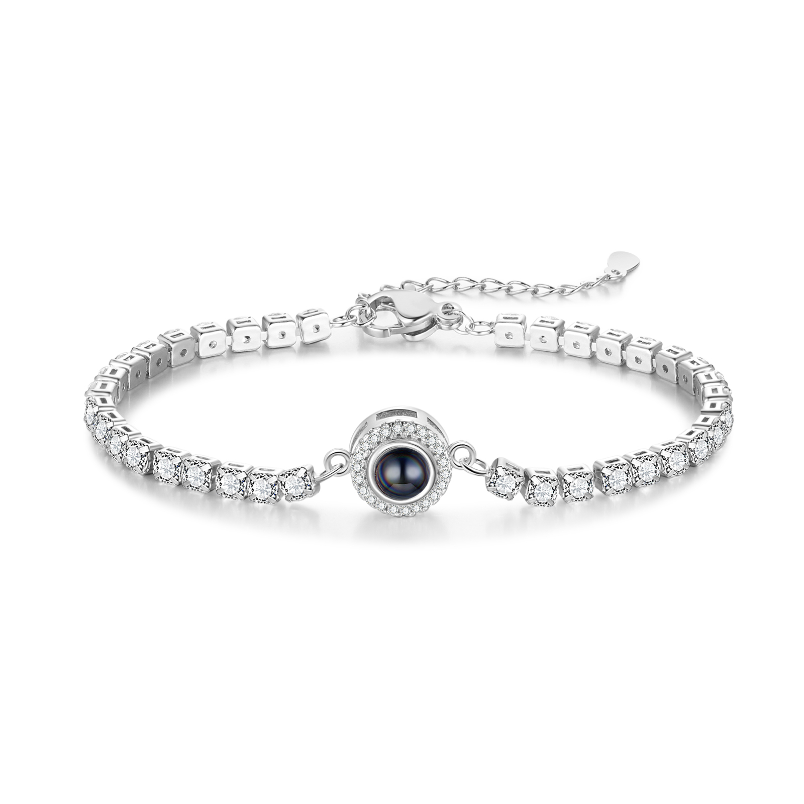 Personalisiertes Foto Rund schwarz-weißes-Foto Projektion Armband mit Zirkonia Kette