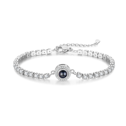 Personalisiertes Foto Rund schwarz-weißes-Foto Projektion Armband mit Zirkonia Kette