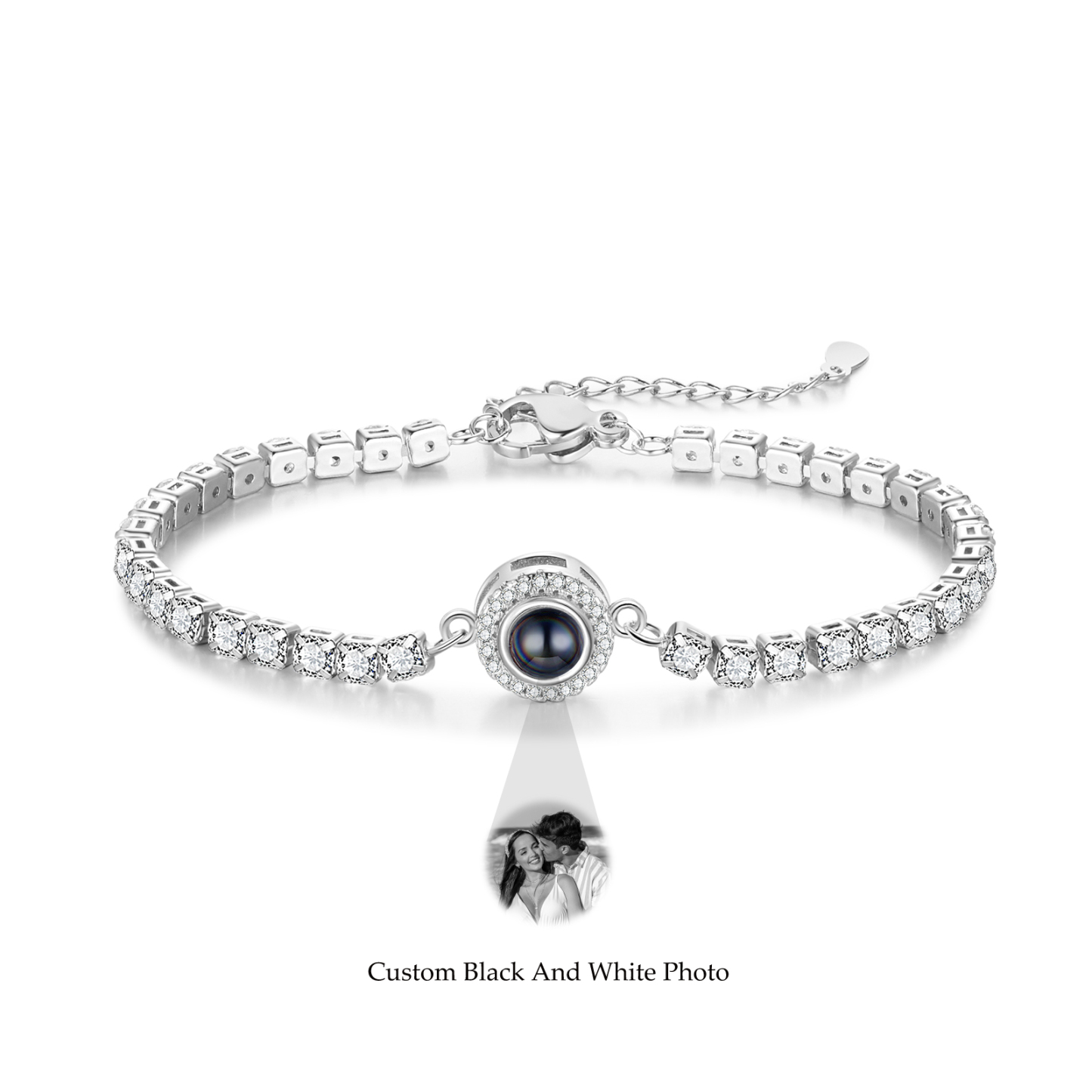 Personalisiertes Foto Rund schwarz-weißes-Foto Projektion Armband mit Zirkonia Kette