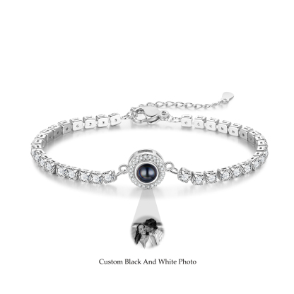 Personalisiertes Foto Rund schwarz-weißes-Foto Projektion Armband mit Zirkonia Kette