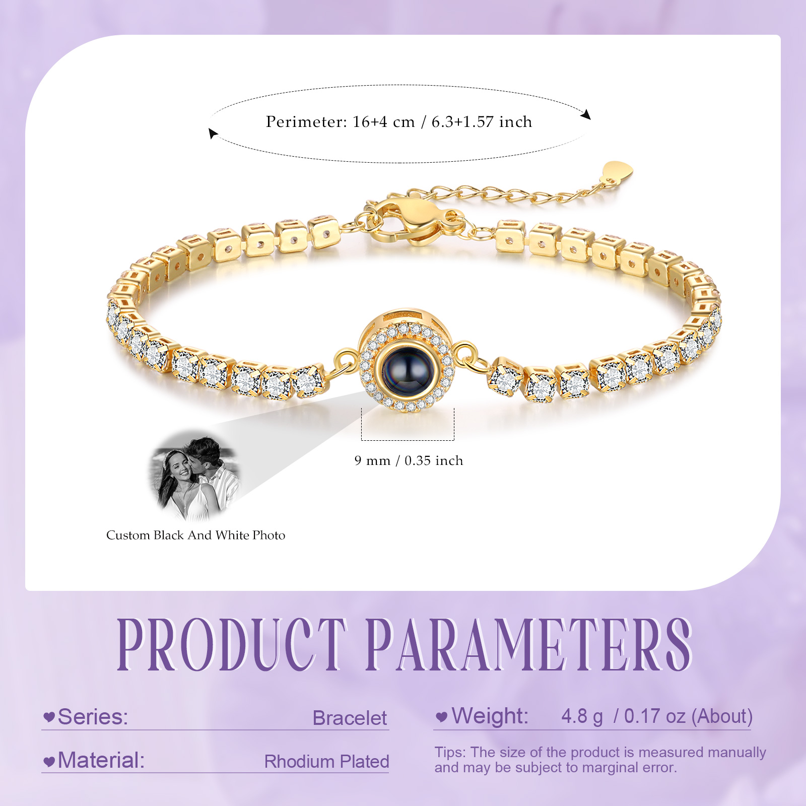 Personalisiertes Foto Rund schwarz-weißes-Foto Projektion Armband mit Zirkonia Kette