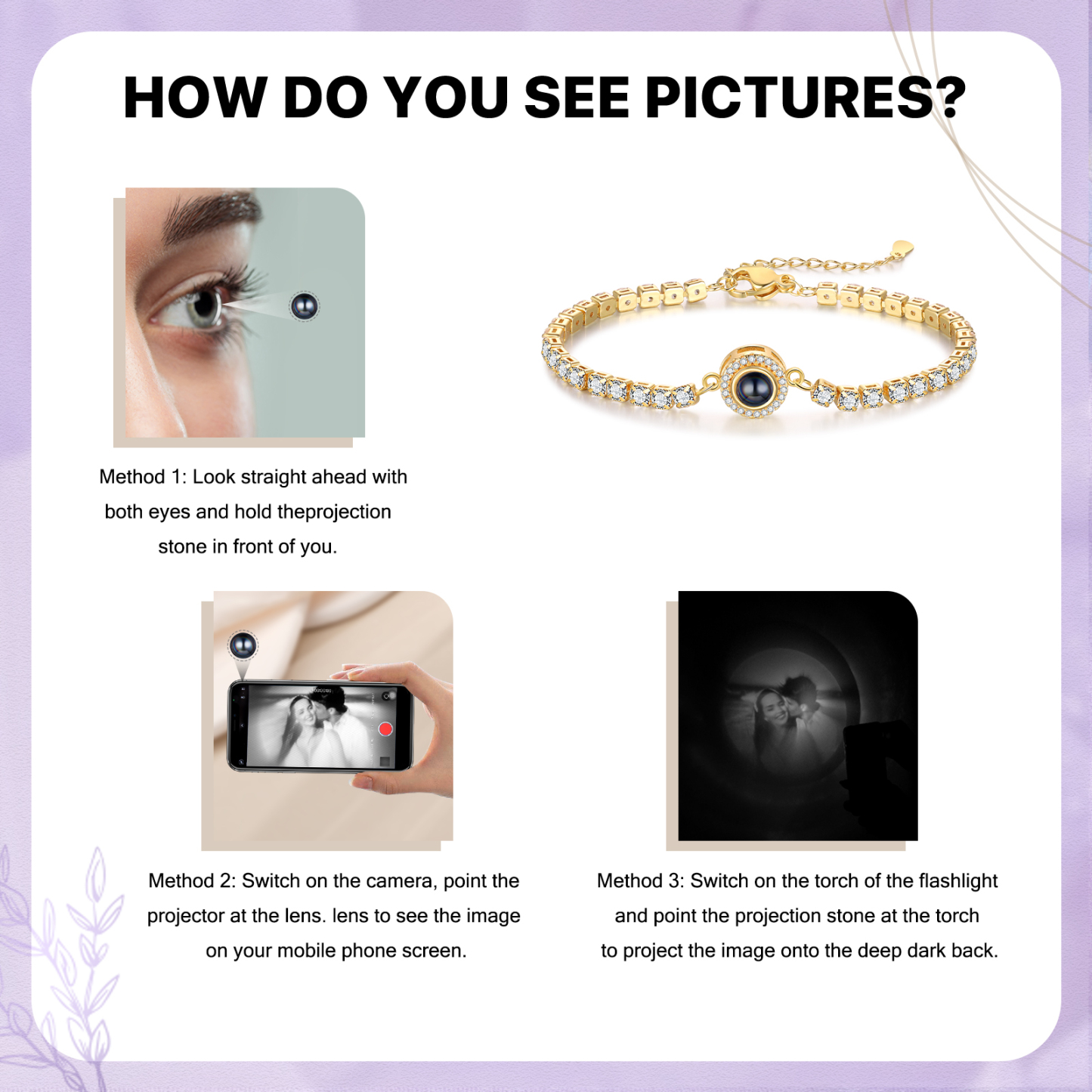 Personalisiertes Foto Rund schwarz-weißes-Foto Projektion Armband mit Zirkonia Kette