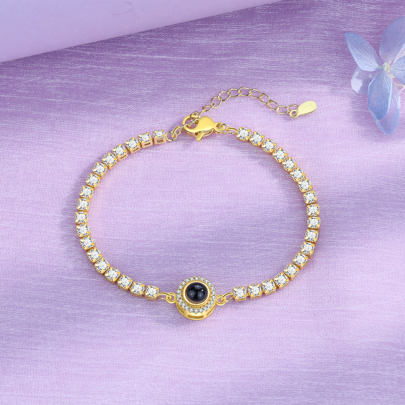 Personalisiertes Foto Rund schwarz-weißes-Foto Projektion Armband mit Zirkonia Kette